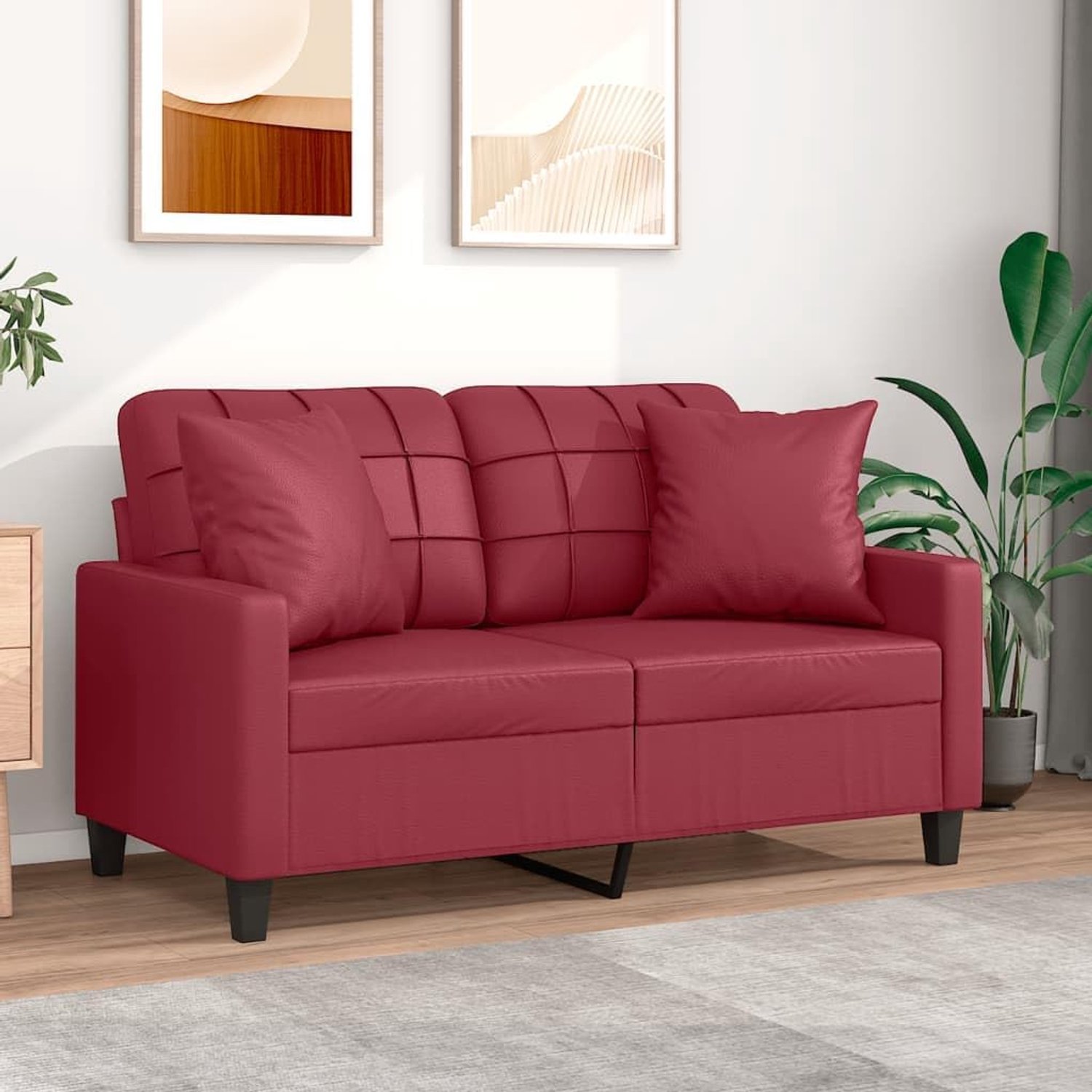 2-zitsbank met sierkussen in wijnrood, 120 cm breed, van duurzaam kunstleer voor woonkamer en lounge, robuust metalen frame, comfortabele bekleding