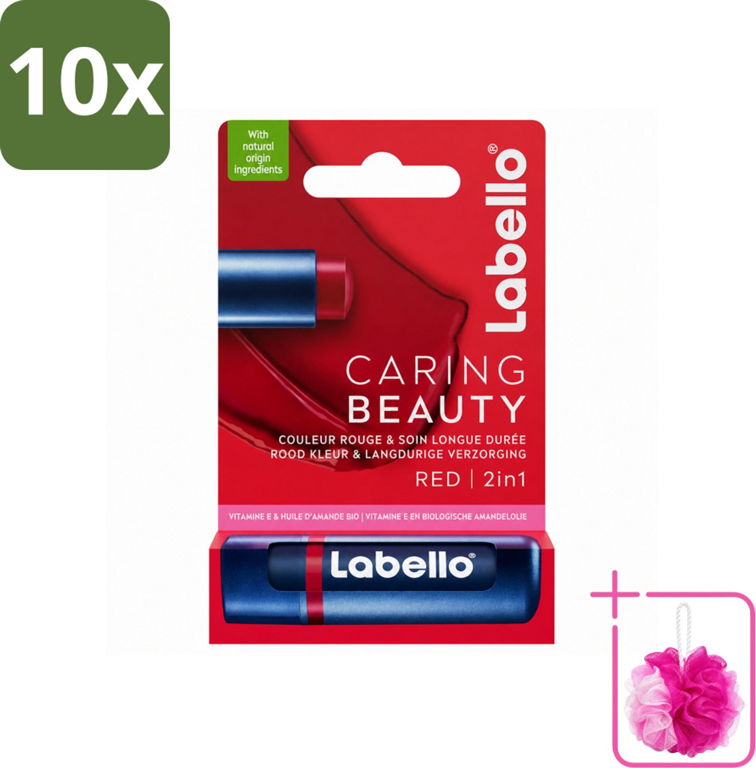 10 x Labello –Lippenbalsem – Caring Beauty Red – 5,5 ml - Bulkverpakking - Lippenbalsem - Douchemop - Verzorging