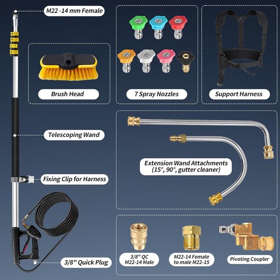 Hogedrukreinigerlans, 7,3 m telescoopstang voor hogedrukreiniger, met 3 verlengingen, 5 sproeiers, 2 koppelingen en draagriem (4000 psi) — afbeelding 4