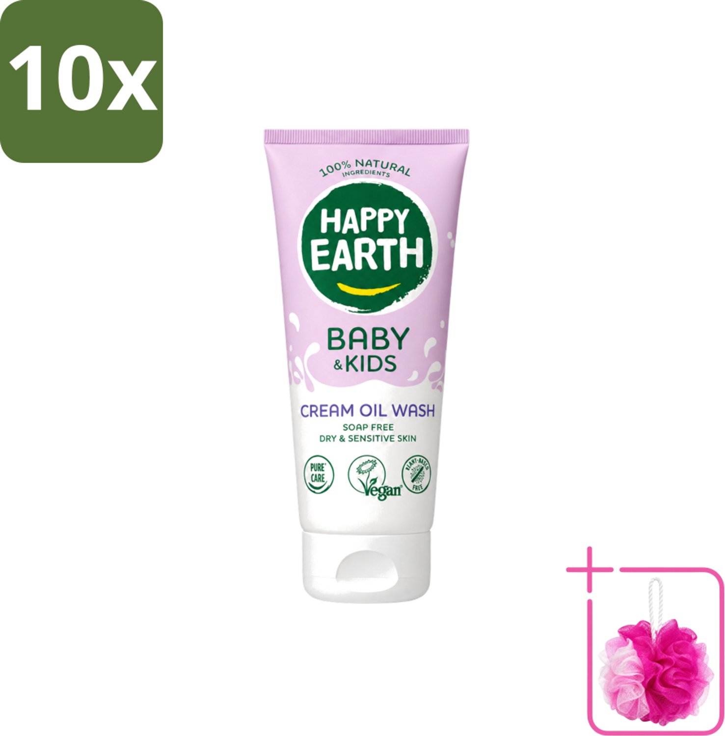 10 x Happy Earth – Cream Oil Wash – 100% Natuurlijk Baby & Kids – 200 ml - Bulkverpakking - Babyolie - Douchemop - Gezichtsolie
