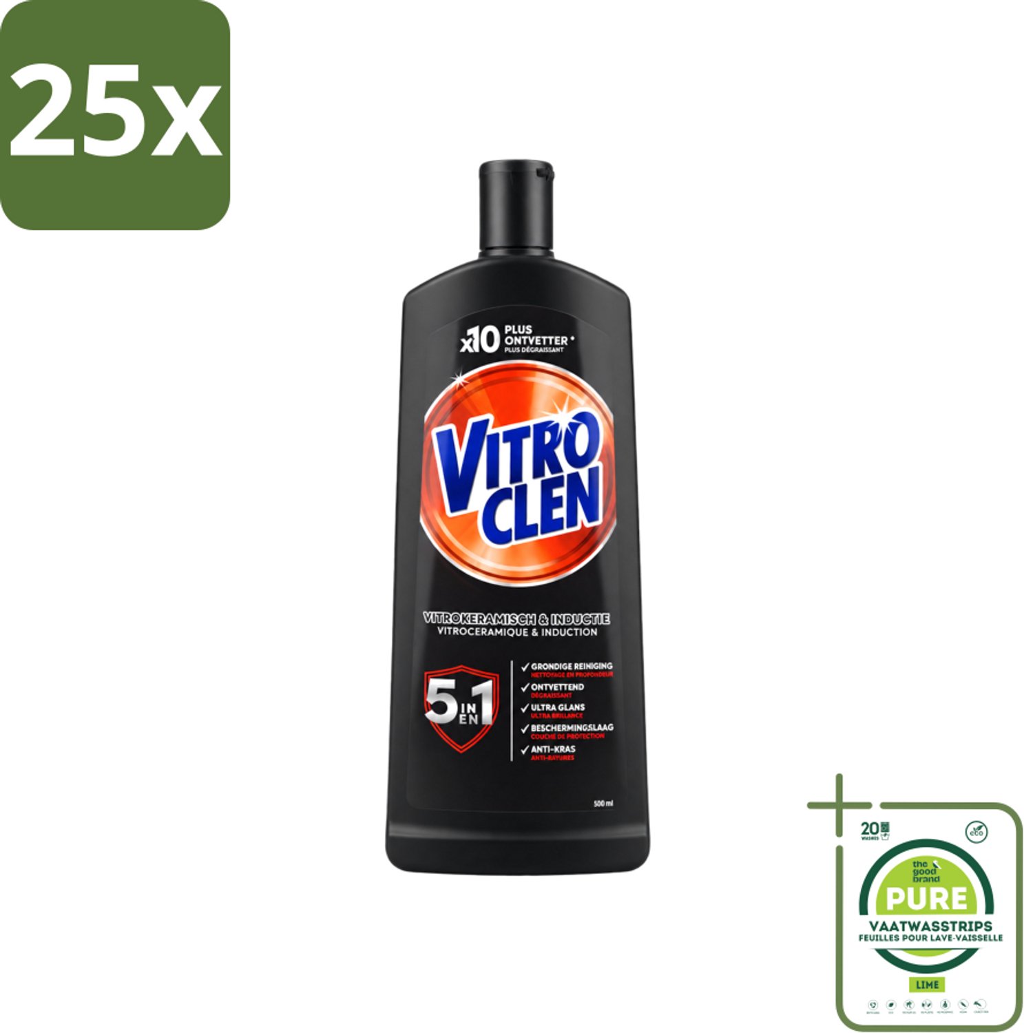 25 x Vitroclen - Kookplaatreiniger - Keramisch & Inductie - 5 in 1 - 500 ml - Grootverpakking - Vaatwasstrips - Keramische Kookplaat Reinigen - Inductiekookplaat Reinigen - Kookplaat Reiniger - Kookplaat Beschermen - Vlekken Verwijderen