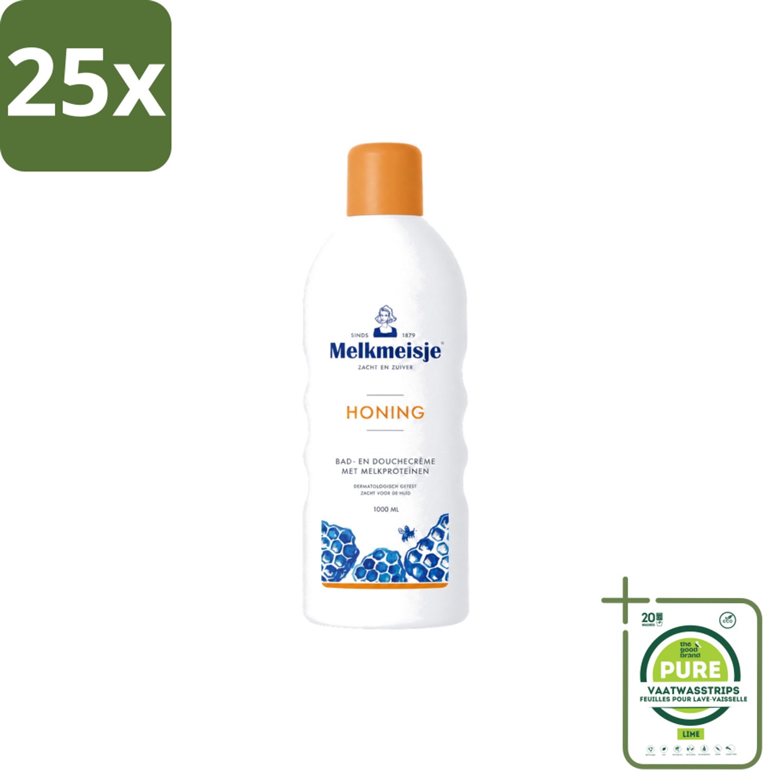 25 x Melkmeisje – Bad & Douche – Honing – 1000 ml - Grootverpakking - Vaatwasstrips - Bad En Douche Crème - Honing Crème - Natuurlijke Honing - Voedende Crème - Gezonde Huid
