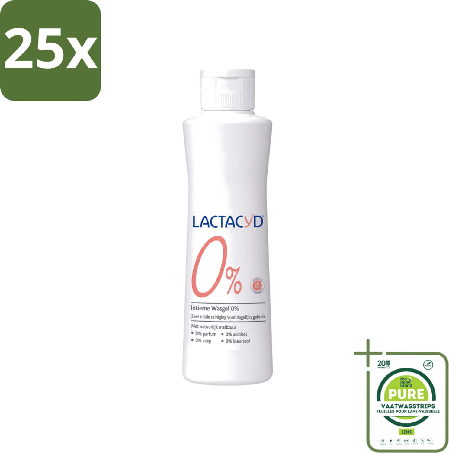 25 x Lactacyd – 0% – Milde Wasgel – 250 ml - Grootverpakking - Vaatwasstrips - Intieme Wasgel - Gevoelige Huid - PH-vriendelijk - Zeepvrij - Milde Wasgel