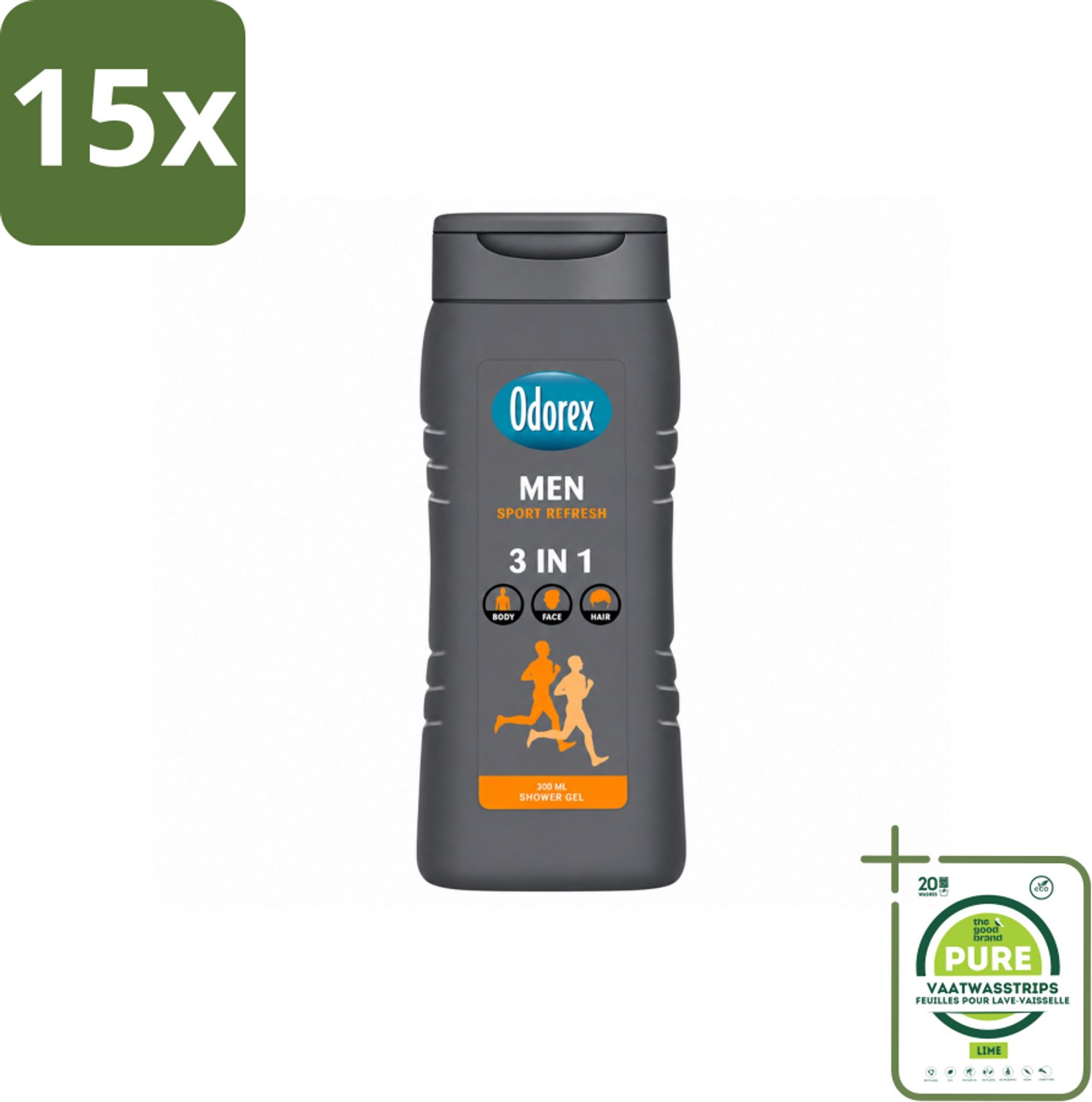 15 x Odorex – Douchegel – For Men Sport Refresh – 300 ml - Grootverpakking - Vaatwasstrips - Douchegel Voor Mannen - Sportieve Douchegel - Frisse Douchegel - Citrusgeur - Verfrissend Douchegel