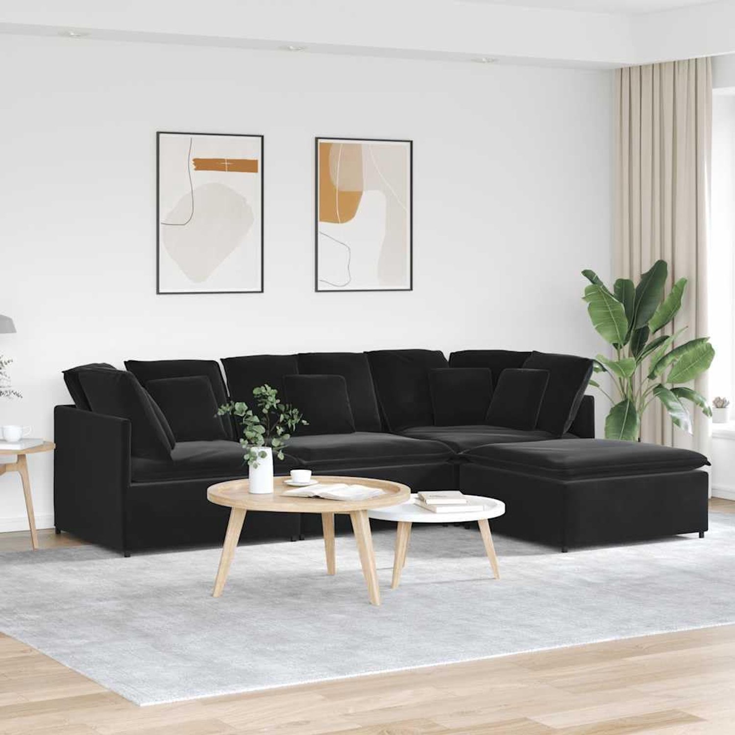 Bank met voetenbankje, fluweel, zwart, elegante zitgroep met ademende bekleding en robuust metalen frame voor veelzijdige interieurvormgeving en duurzaam