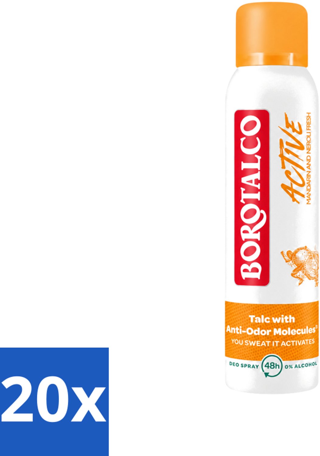 20 x Borotalco - Deodorant Spray - Active - Mandarin & Neroli Fresh - 0% Alcohol - 150 ml - Voordeelverpakking - 20 stuks