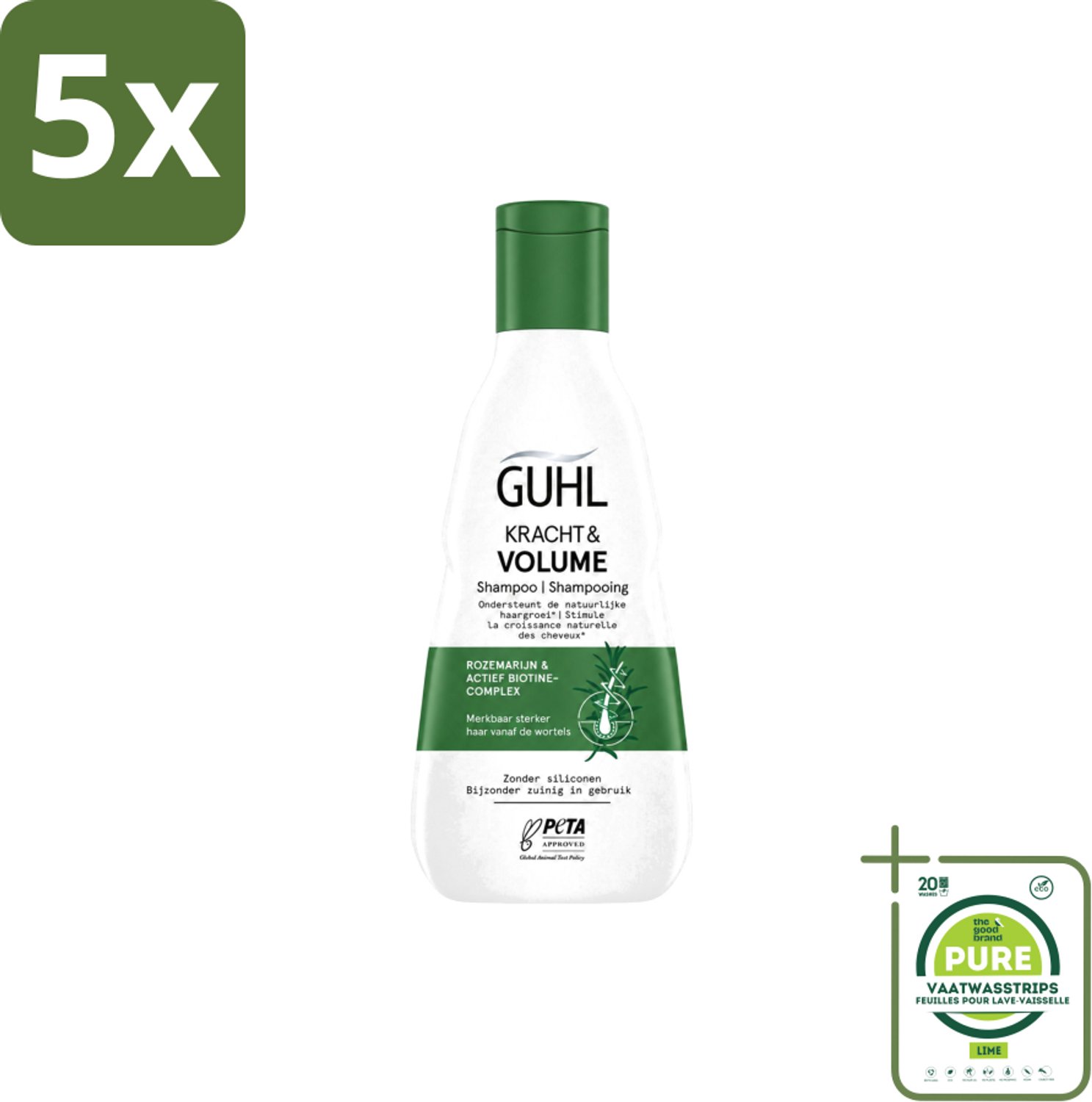 5 x Guhl – Shampoo – Kracht & Volume – 250 ml - Grootverpakking - Vaatwasstrips - Krachtige Shampoo - Volume Shampoo - Haarversterkende Shampoo - Shampoo Voor Dun Haar - Biotine Shampoo