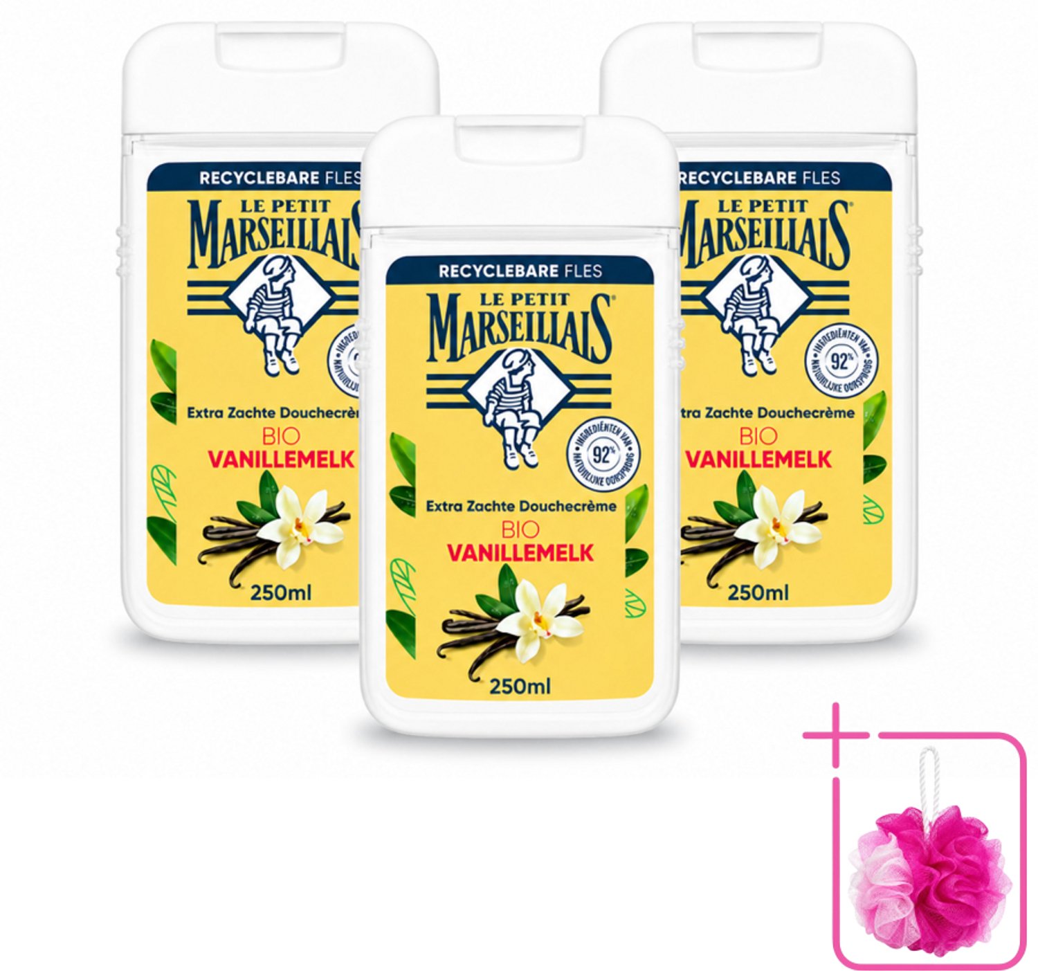 3 x Le Petit Marseillais – Douchecrème – Lait de Vanille Bio – Extra zacht – 250 ml - Bulkverpakking - Douchecrème - Douchemop - Vanille