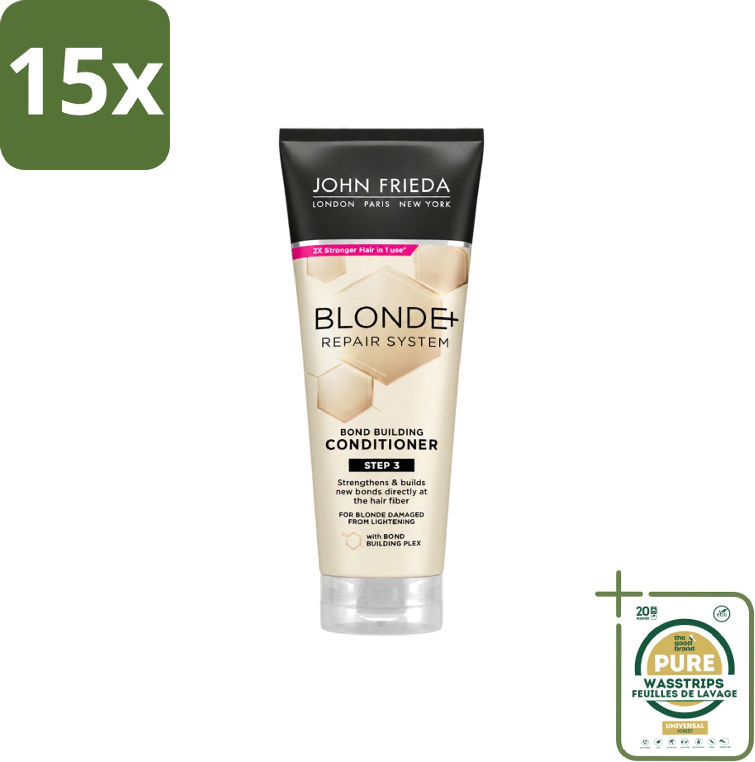 15 x John Frieda – Conditioner – Blonde+ Repair Bond Building – Herstellend – 250 ml - Wasstrips - Herstel Blond Haar - Beschadigd Haar - Haar Versterken - Haar Glans - Haar Herstellen