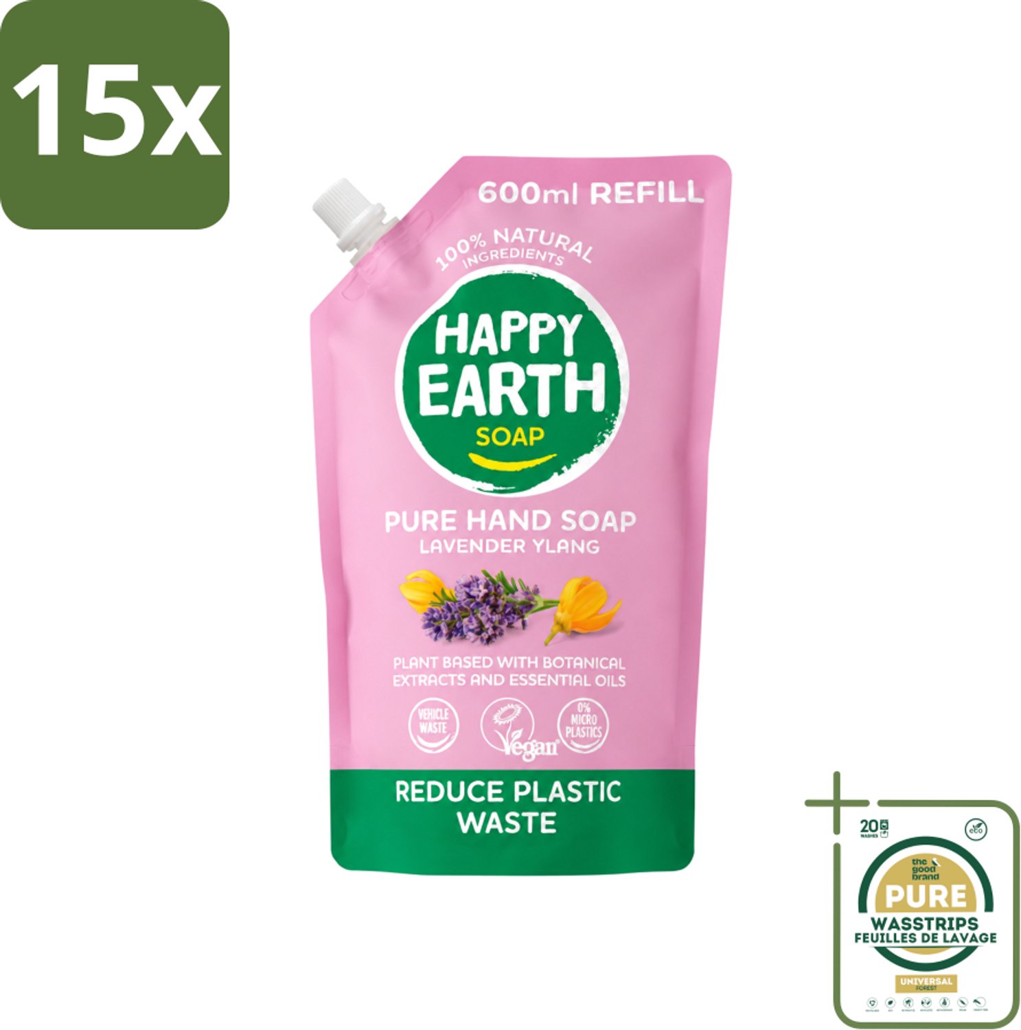 15 x Happy Earth – Handzeep Navulling – 100% Natuurlijk Lavender Ylang – 600 ml - Wasstrips - Handzeep Navulling - Natuurlijke Handzeep - Vegan Handzeep - Lavendel Handzeep - Ylang Handzeep