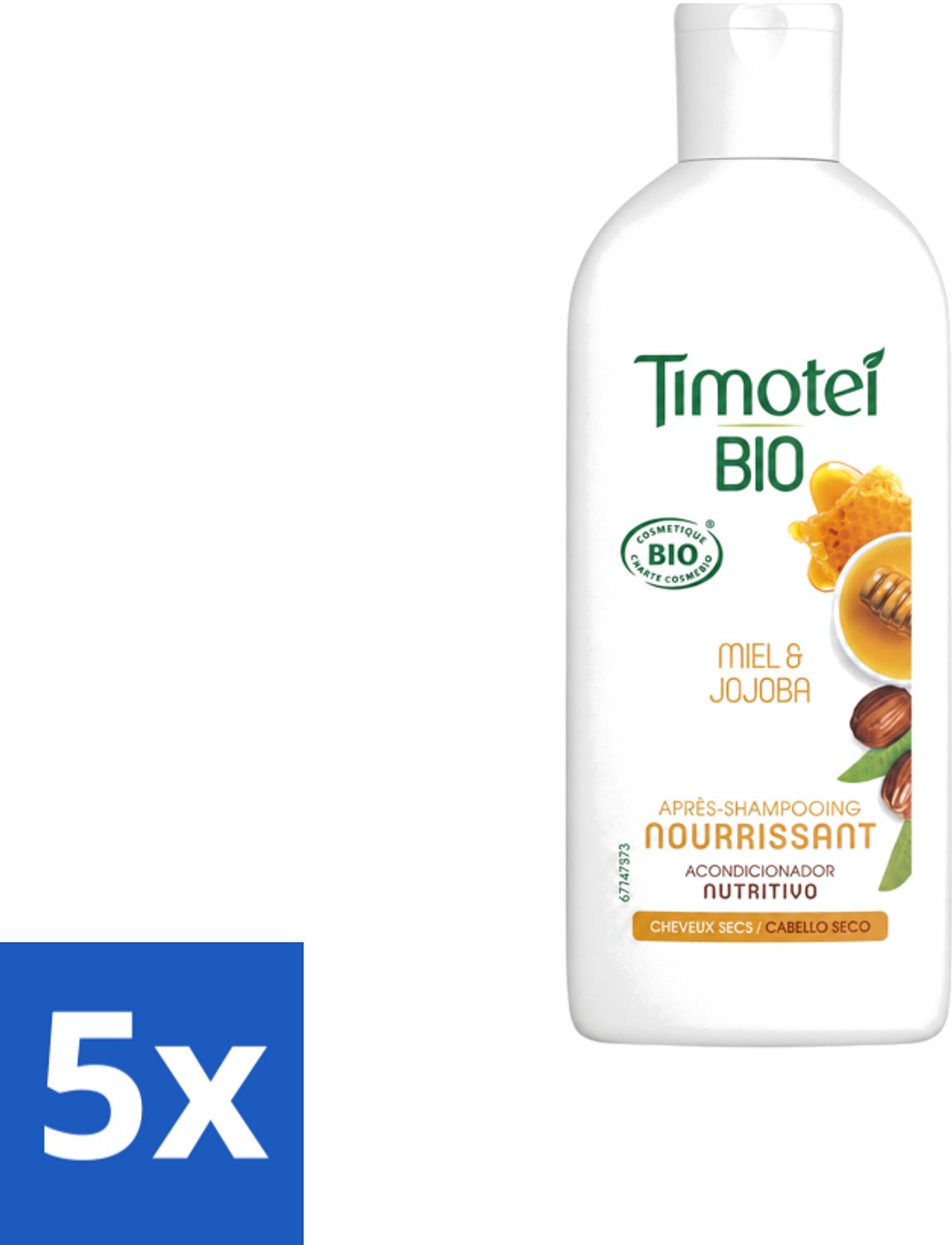 5 x Timotei - Crèmespoeling - Honing & Jojoba - Biologisch - Droog Haar & Droge Hoofdhuid - 250 ml - Voordeelverpakking - 5 stuks