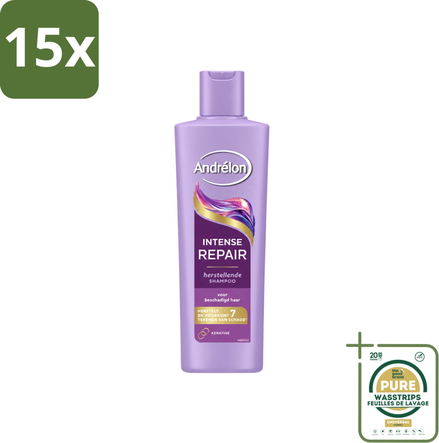 15 x Andrélon – Shampoo – Intense Repair – 250 ml - Wasstrips - Haar Herstellen - Beschadigd Haar - Keratine Shampoo - Haar Beschermen - Haar Herstel