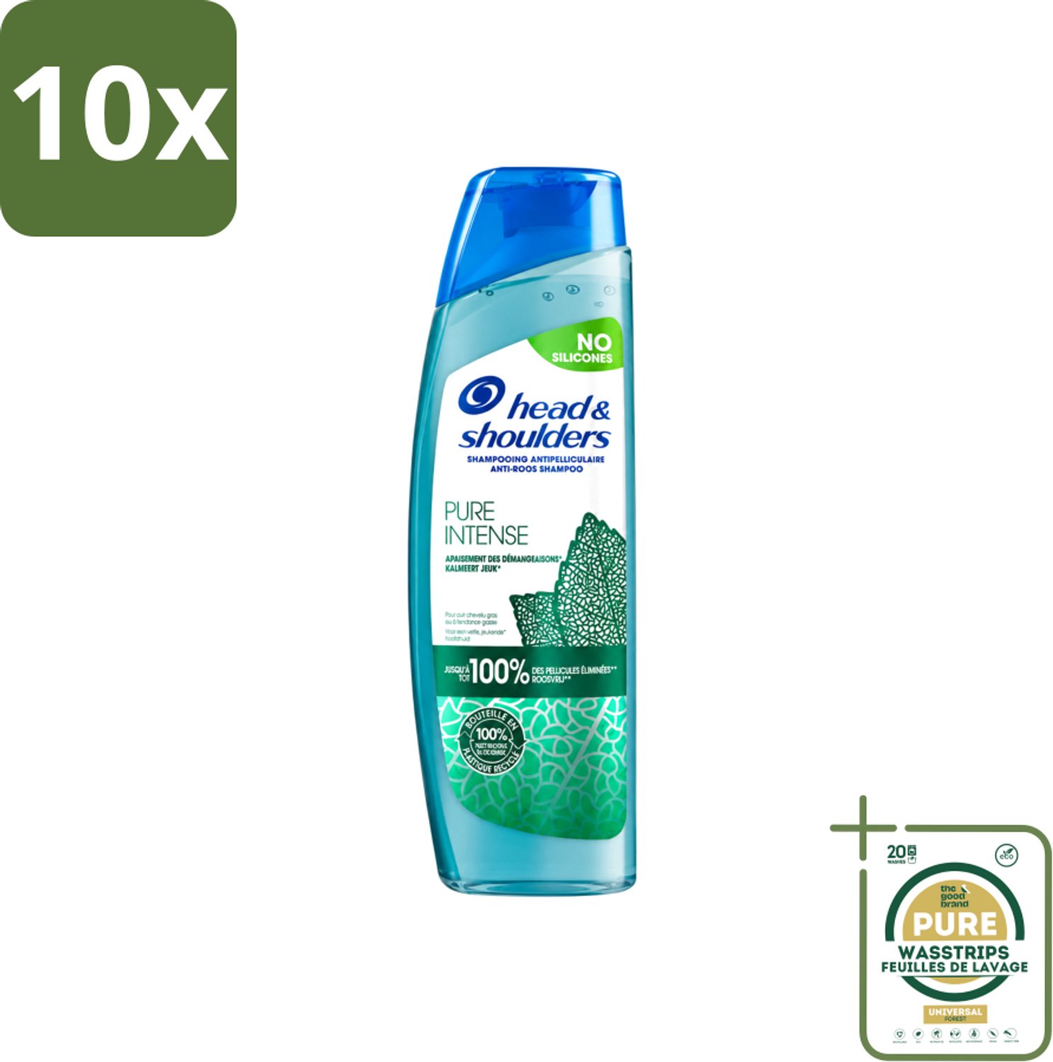 10 x Head & Shoulders – Shampoo – Pure Intense Kalmeert Jeuk – 250 ml - Wasstrips - Anti-roos Shampoo - Shampoo Bij Jeukende Hoofdhuid - Pepermunt Shampoo - Jeuk Kalmeren - Roosvrij Haar