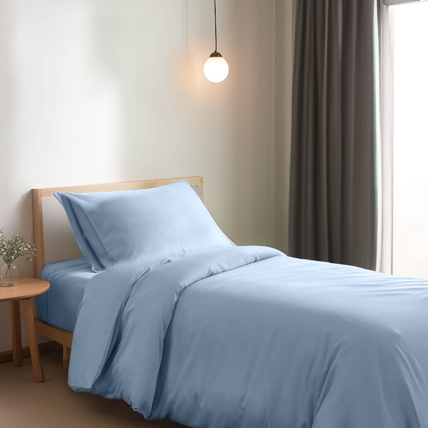Boomba Bamboo bamboe beddengoedset - Sky Blue - 1-persoons - dekbedovertrek 140x220 cm, hoeslaken 80x200 cm en 2 kussenslopen 50x75 cm - 400TC satijn Blauw