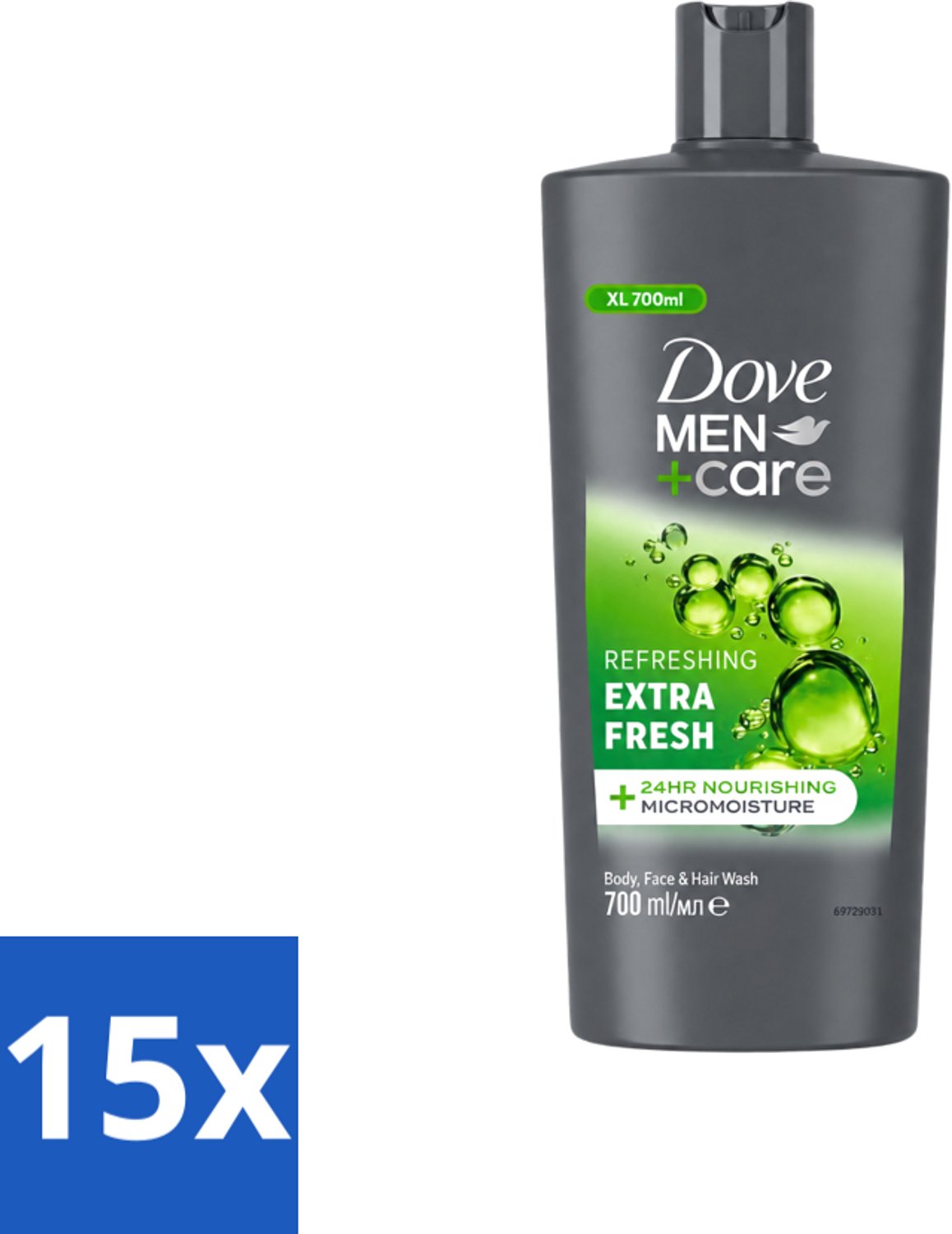 15 x Dove Men+Care - Extra Fresh - Douchegel 3-in-1 - Verzorgend - 700 ml - Voordeelverpakking - 15 stuks