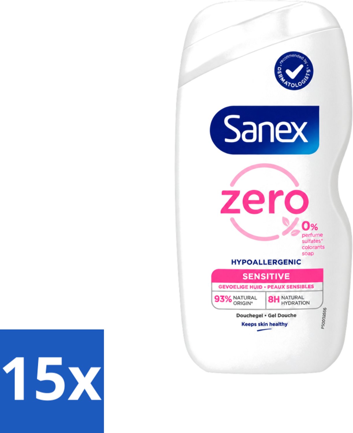 15 x Sanex Zero% - Douchegel - Gevoelige Huid - 0% Parfumsulfaten - Hypoallergeen - 400 ml - Voordeelverpakking - 15 stuks