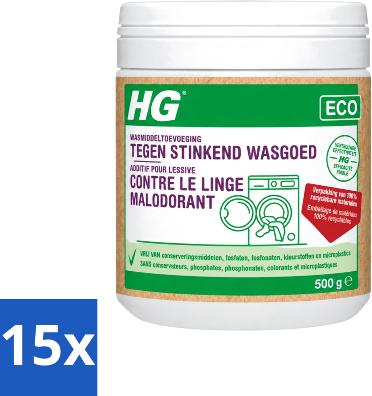 15 x HG ECO - Wasmiddeltoevoeging Tegen Stinkend Wasgoed - Effectieve Formule - 16 Wasbeurten - 500 g - Voordeelverpakking - 15 stuks