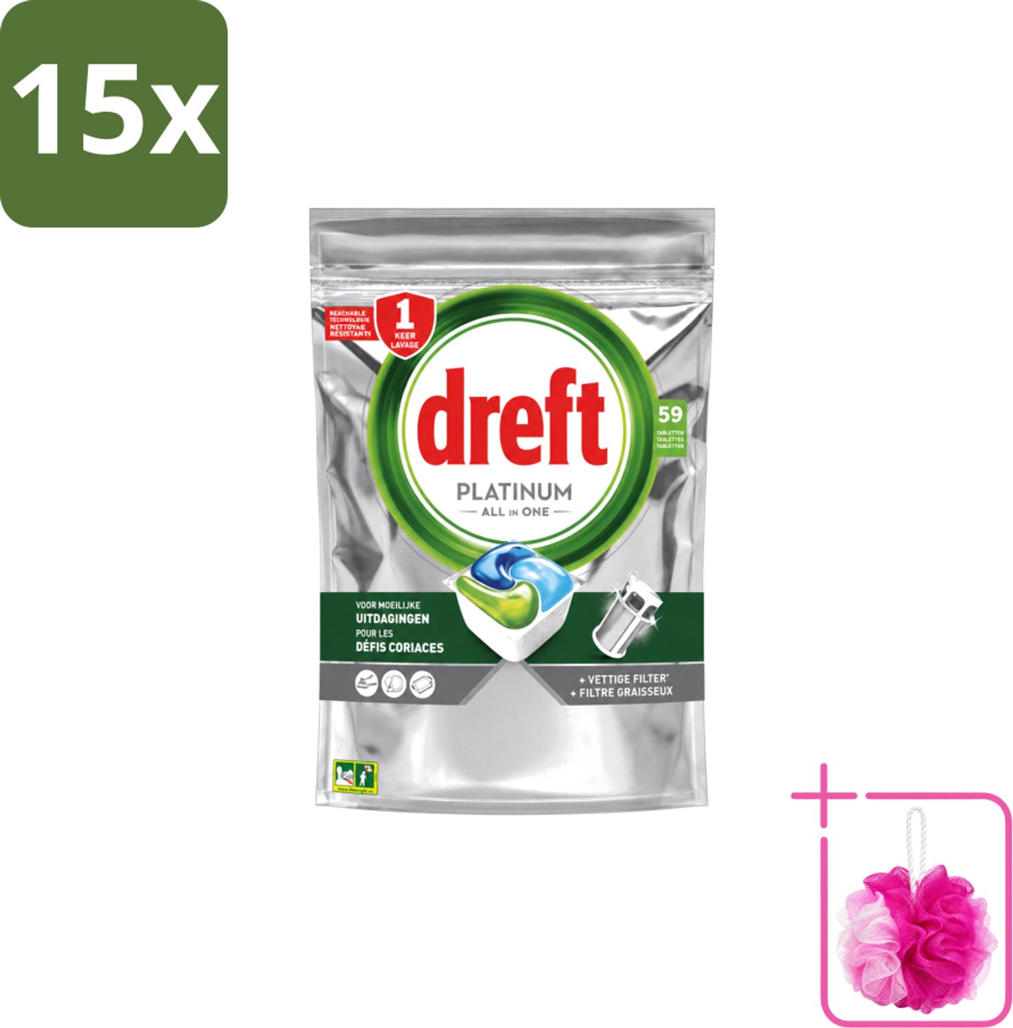 15 x Dreft – Vaatwastabletten – Platinum All-in-One Original – 59 Tabletten - Bulkverpakking - Vaatwastabletten - Douchemop - Vaatwasser