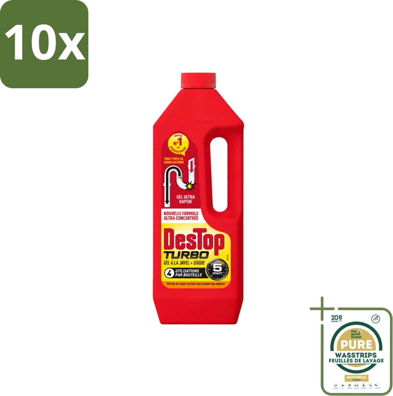 10 x Destop - Ontstopper - Turbo Gel - 1 L - Wasstrips - Ontstoppen - Afvoer - Verstopping - Ontstopmiddel - Afvoerleiding