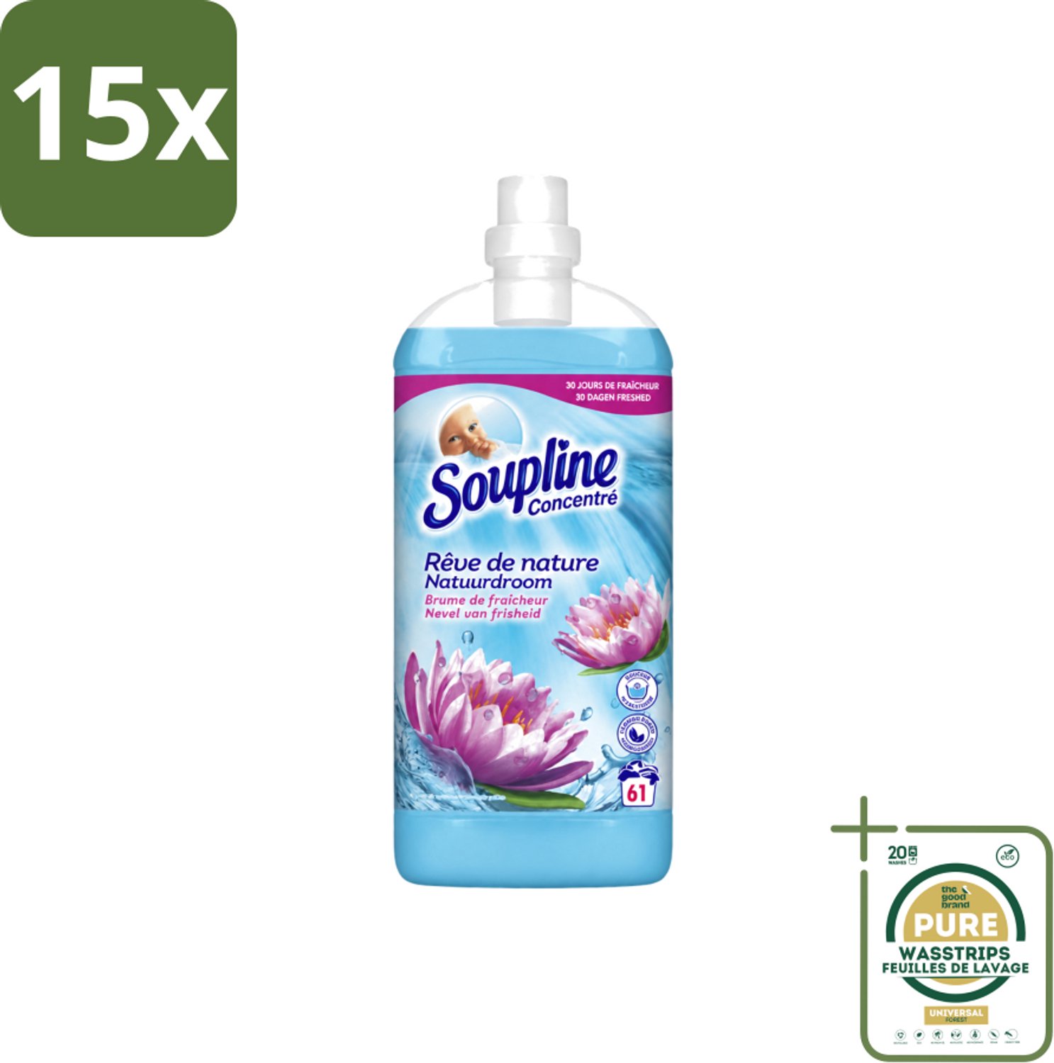 15 x Soupline – Wasverzachter – Nevel van Frisheid – 1,35 L - Wasstrips - Wasverzachter - Nevel Van Frisheid - Wasverzachter Nevel Van Frisheid - Wasverzachter Voor Kleding - Wasverzachter Voor Beddengoed