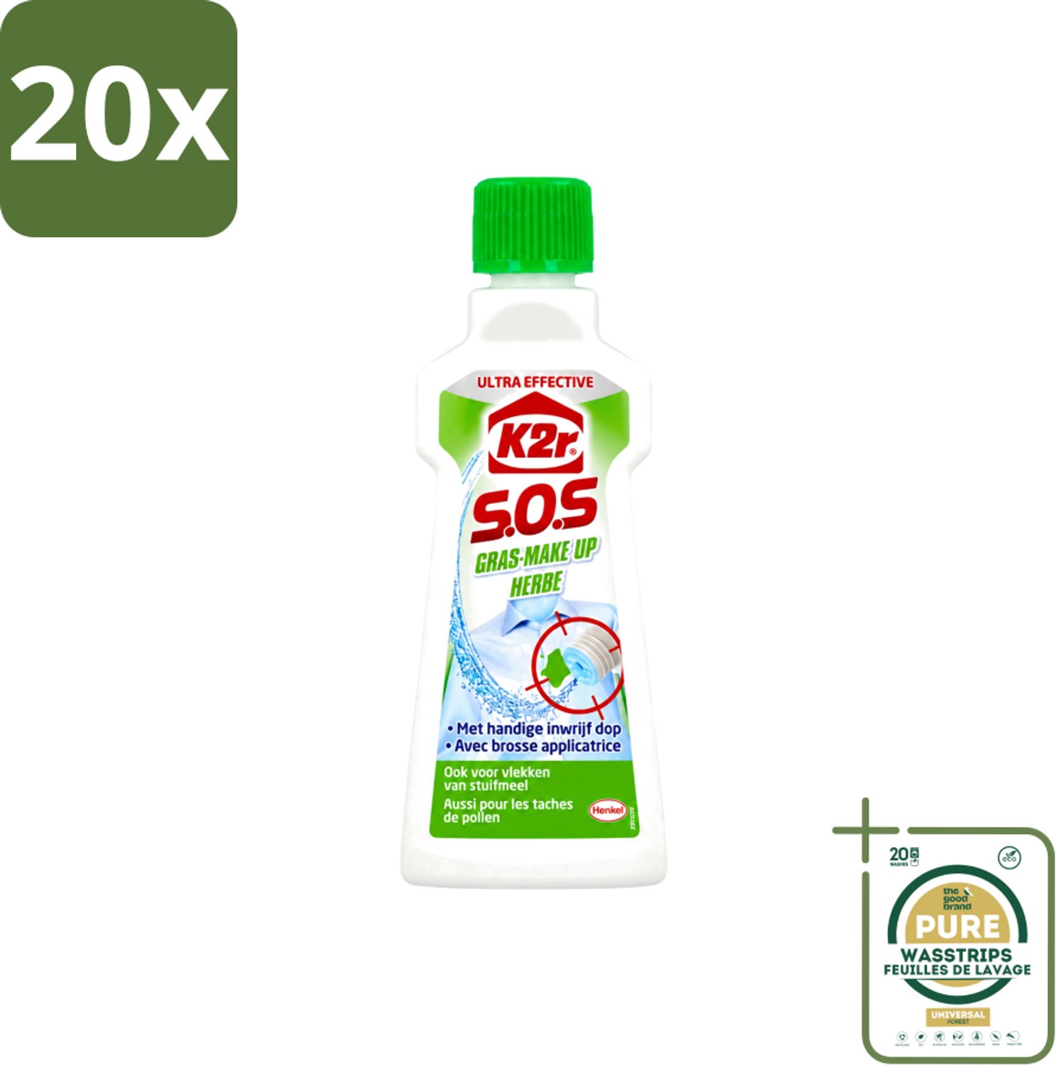 20 x K2R - SOS Vlekverwijderaar - Gras & Make-up - 50ml - Wasstrips - Vlekverwijderaar - Grasvlek - Make-upvlek - Textielverwijderaar - Vlekken Verwijderen