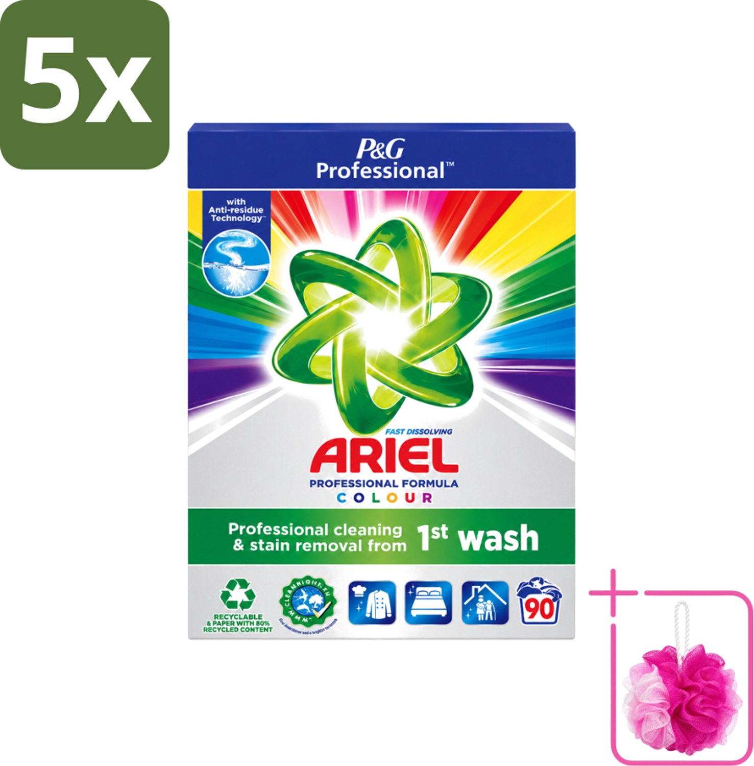 5 x Ariel Professional - Waspoeder - Gekleurde Was - 90 Wasbeurten - Bulkverpakking - Waspoeder kleur - Douchemop - Waspoeder voor gekleurde kleding