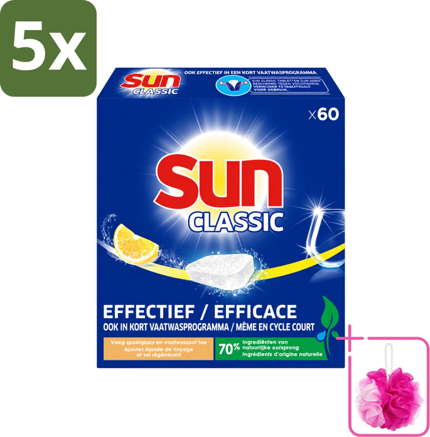 5 x Sun Classic - Vaatwastabletten - Voordeelverpakking - Citroen - 60 Tabletten - Bulkverpakking - Vaatwastabletten - Douchemop - Citroengeur