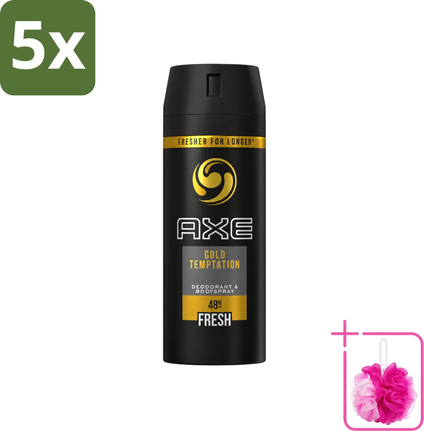 5 x Axe - Deodorant Bodyspray - 48hrs Fresh - Gold Temptation - 150 ml - Bulkverpakking - 48 uur bescherming - Douchemop - Zweetvermindering