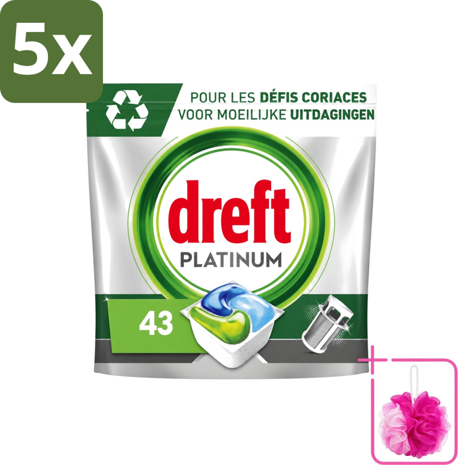 5 x Dreft Platinum - All In One - Vaatwascapsules - 43 Afwasbeurten - Bulkverpakking - Vaatwasmiddel - Douchemop - Vaatwascapsules
