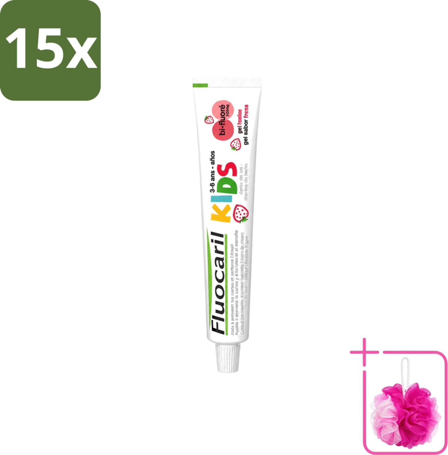 15 x Fluocaril Kids - Bi-Fluoride - Tandpasta - Met Aardbeiensmaak - 3 tot 6 jaar - 50 ml - Bulkverpakking - Tandpasta voor kinderen - Douchemop - Melktanden beschermen