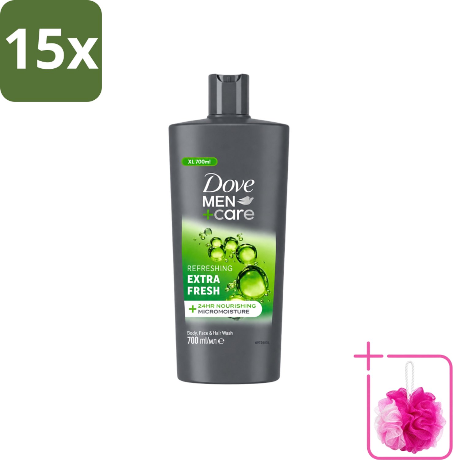 15 x Dove Men+Care - Extra Fresh - Douchegel 3-in-1 - Verzorgend - 700 ml - Bulkverpakking - Douchegel voor mannen - Douchemop - Verfrissende douche