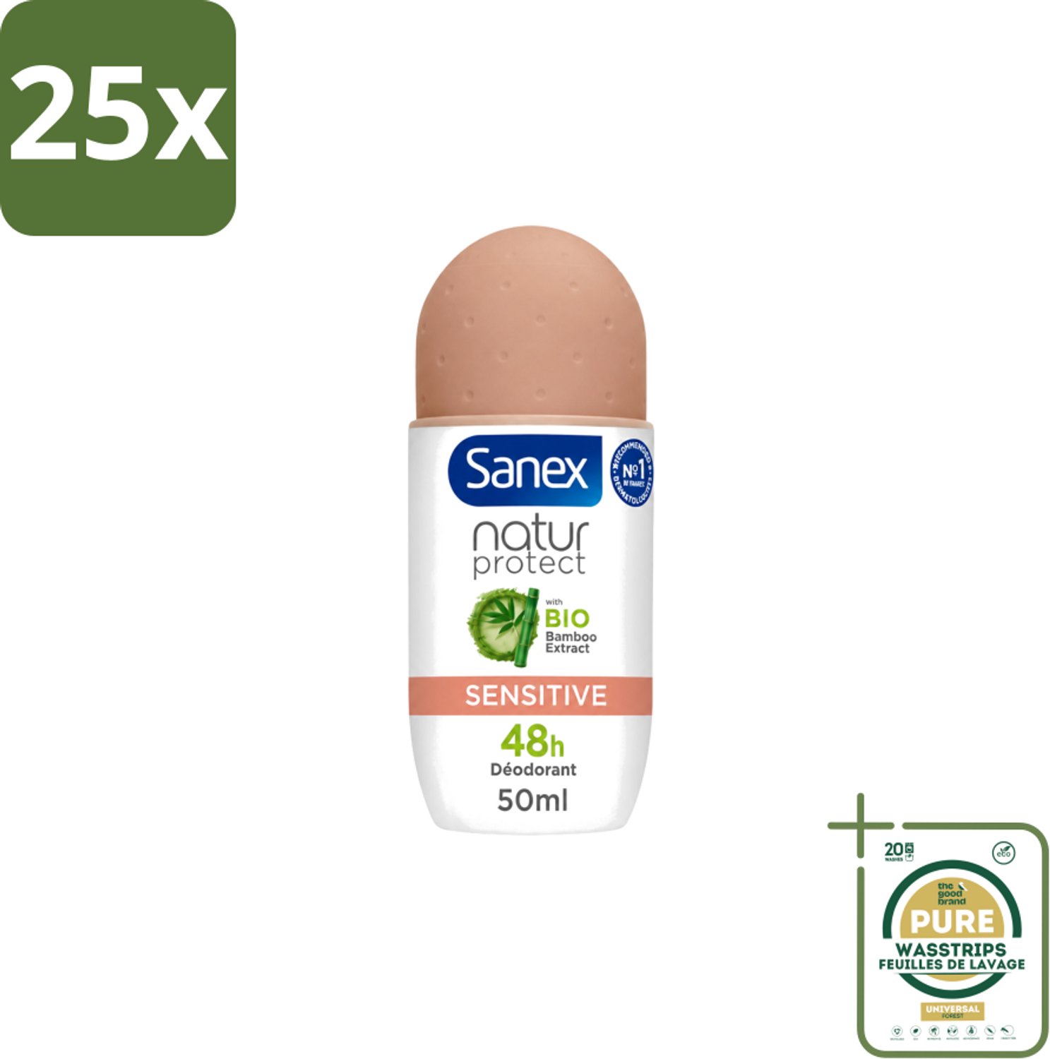 25 x Sanex – Deodorant Roll-On – Natur Protect Sensitive – 50 ml - Wasstrips - Gevoelige Huid - Deodorant Roll-on - Natuurlijke Bescherming - Milde Deodorant - Frisheid