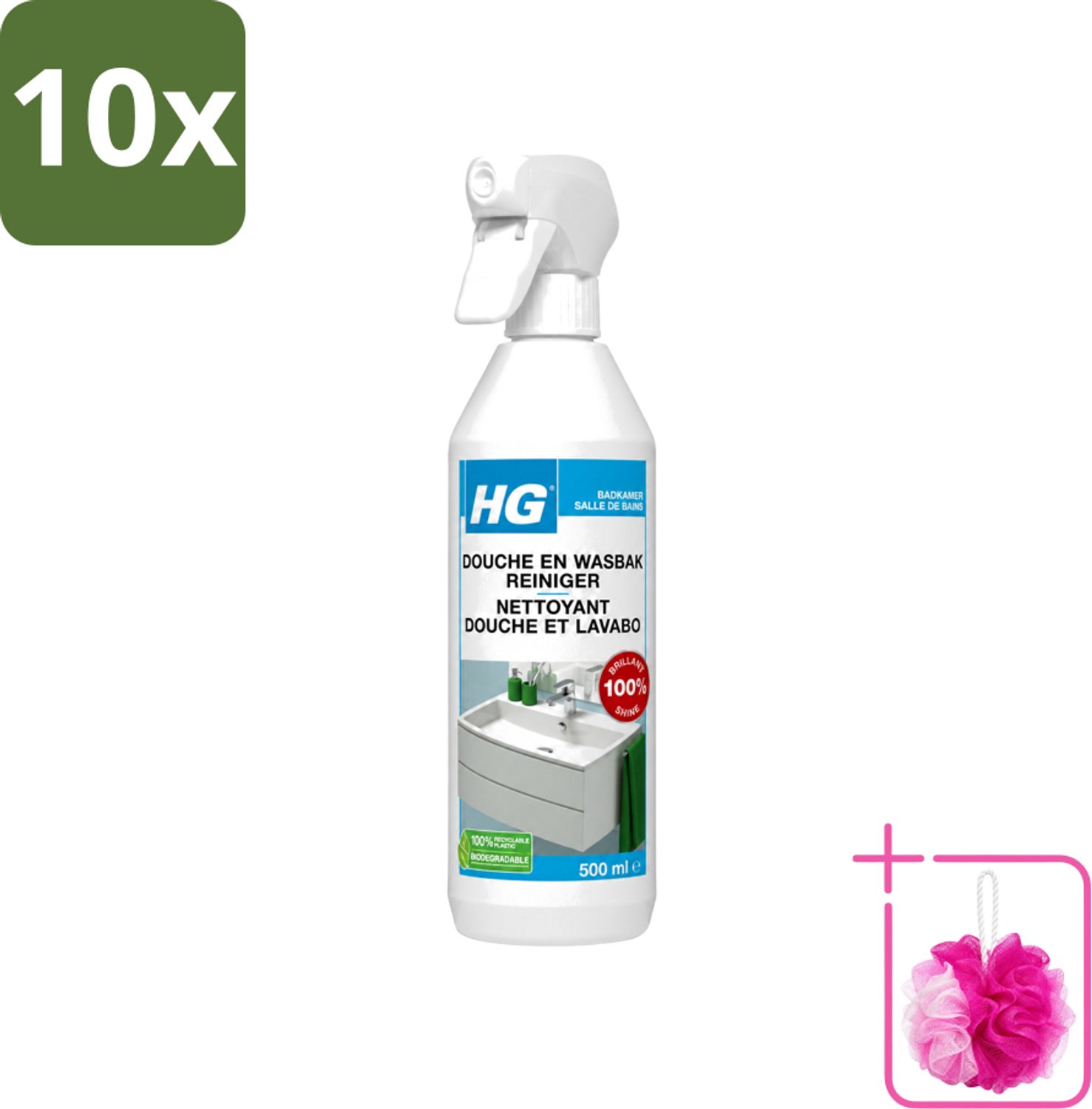 10 x HG - Badkamer - Douche-& Wasbakreiniger - Spray - Extra Glans - 500 ml - Bulkverpakking - Badkamer reinigen - Douchemop - Douche reinigen