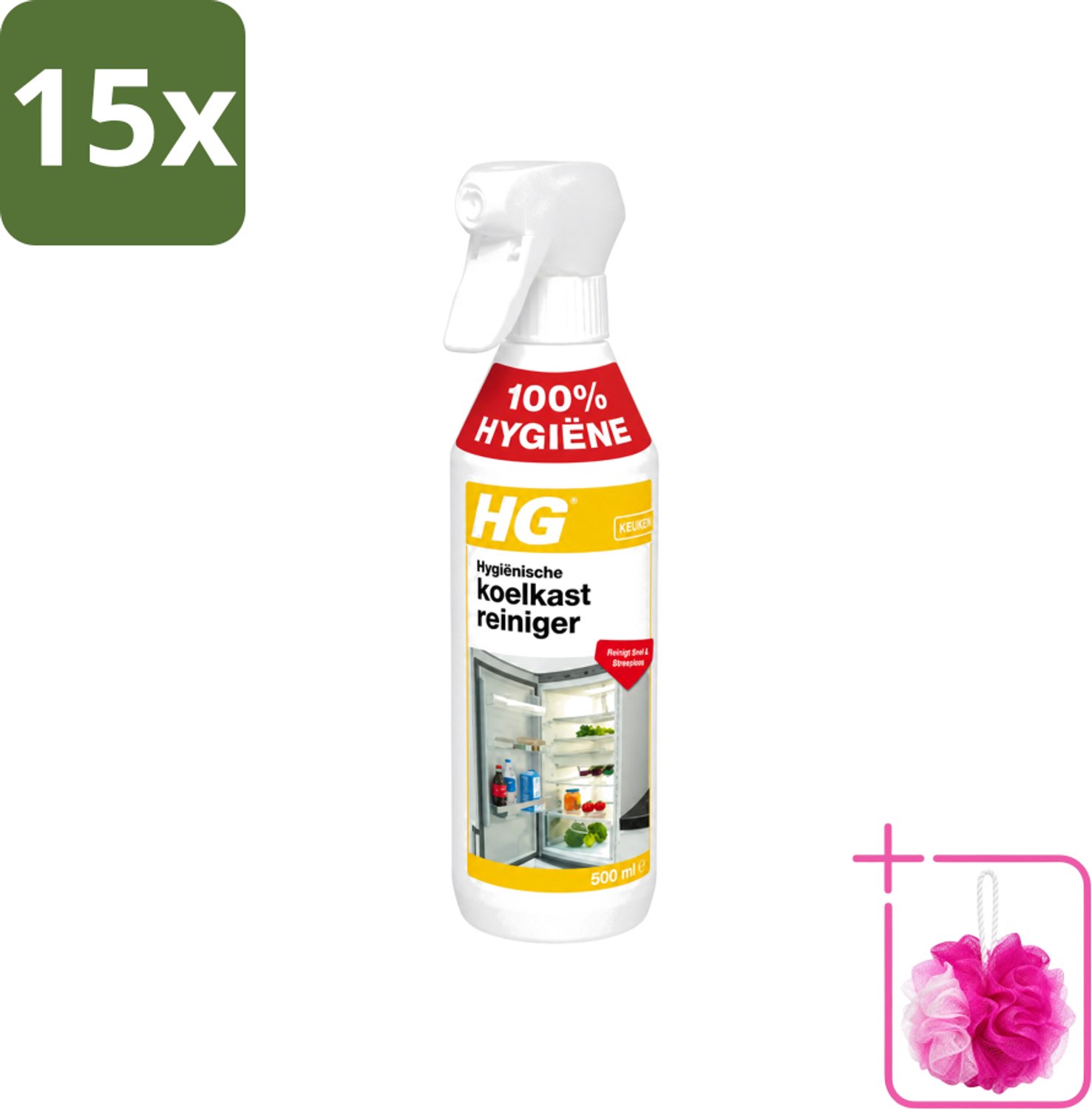 15 x HG - Hygiënische Koelkastreiniger - Reinigt Snel & Streeploos - 500 ml - Bulkverpakking - Koelkast reinigen - Douchemop - Koelkast reinigingsmiddel