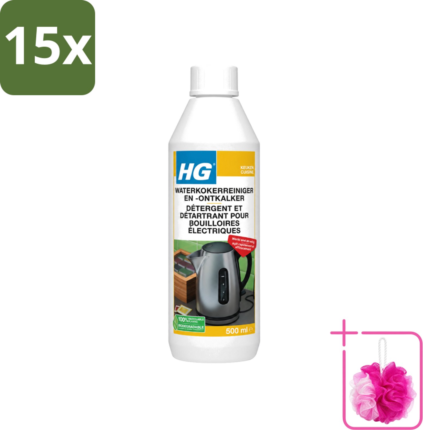 15 x HG - Waterkokerreiniger & Ontkalker - Snel & Veilig Resultaat - 500 ml - Bulkverpakking - Waterkoker reinigen - Douchemop - Waterkoker ontkalken