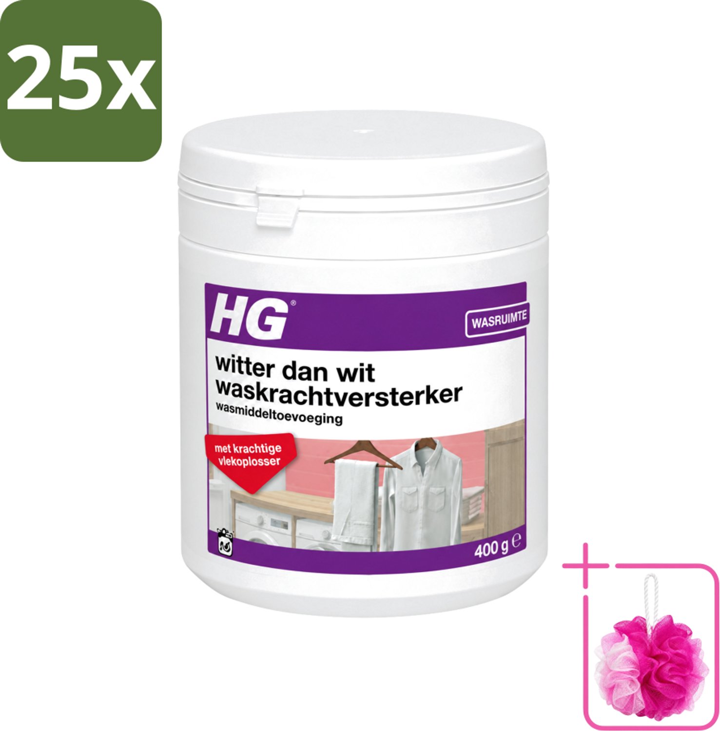 25 x HG - Wasruimte - Witter Dan Wit - Wasmiddeltoevoeging - 400 g - Bulkverpakking - Wit textiel - Douchemop - Wasmiddel