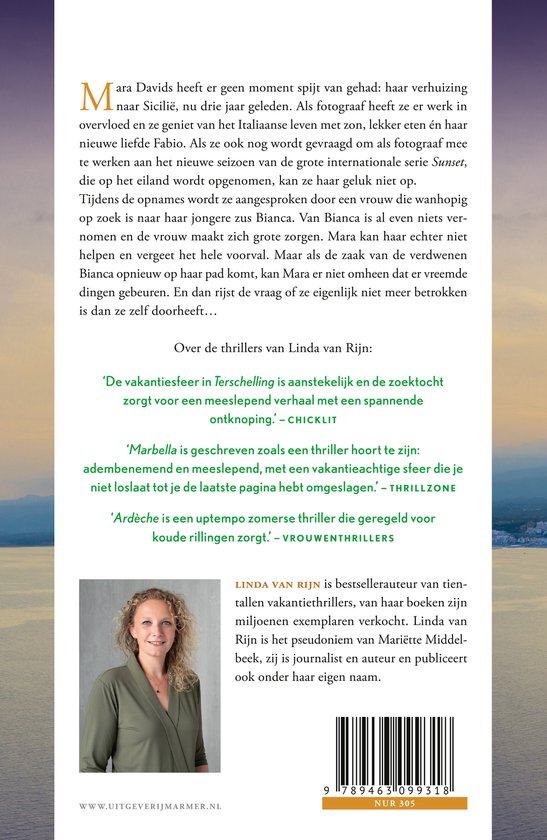 Achterflap van het boek Gouden uur met een foto van auteur Linda van Rijn en tekst over de inhoud en eerdere thrillers.