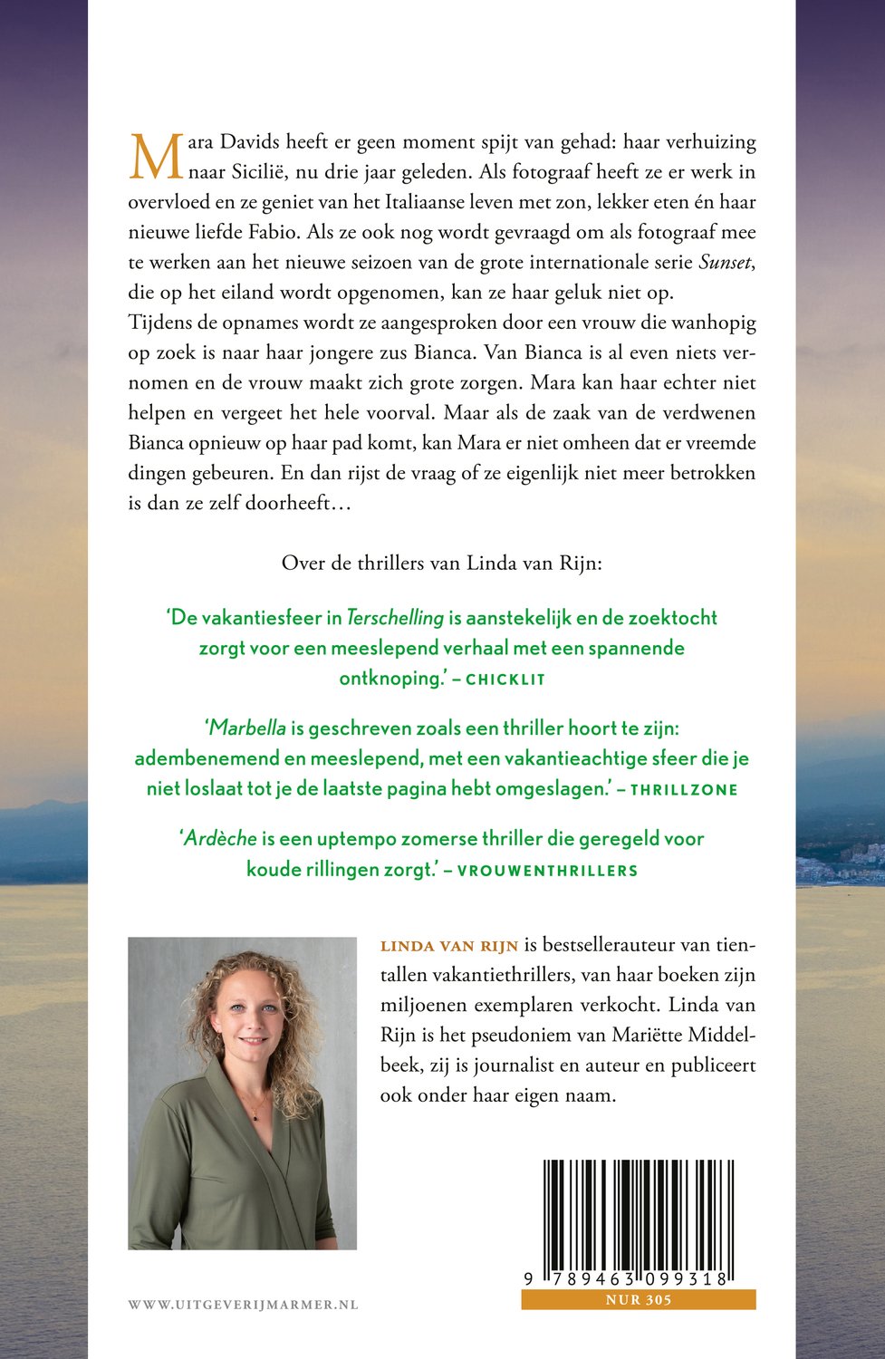 Achterflap van het boek Gouden uur met een foto van auteur Linda van Rijn en tekst over de inhoud en eerdere thrillers.