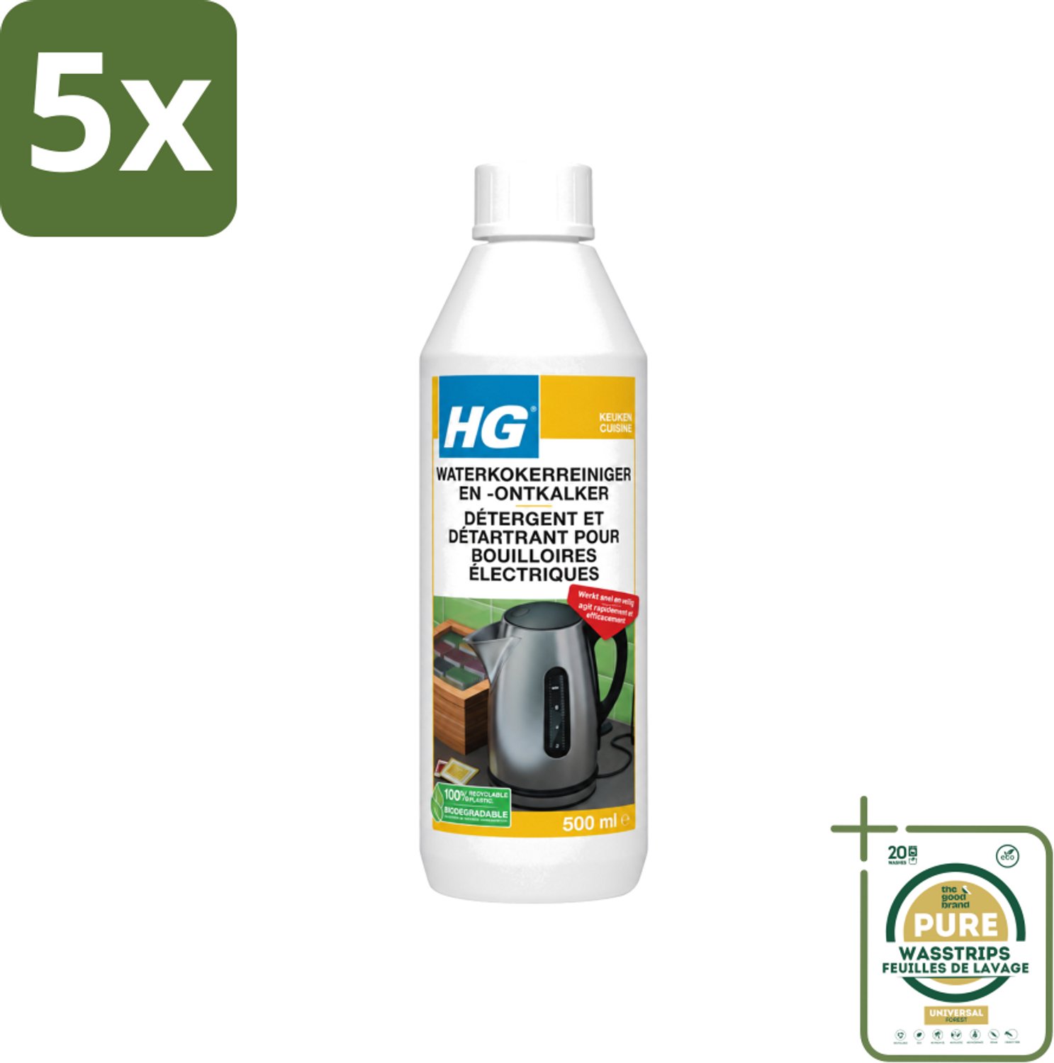 5 x HG - Waterkokerreiniger & Ontkalker - Snel & Veilig Resultaat - 500 ml - Wasstrips - Waterkoker Reinigen - Waterkoker Ontkalken - Kalkaanslag Verwijderen - Waterkoker Reinigingsmiddel - Waterkoker Ontstofverwijderen