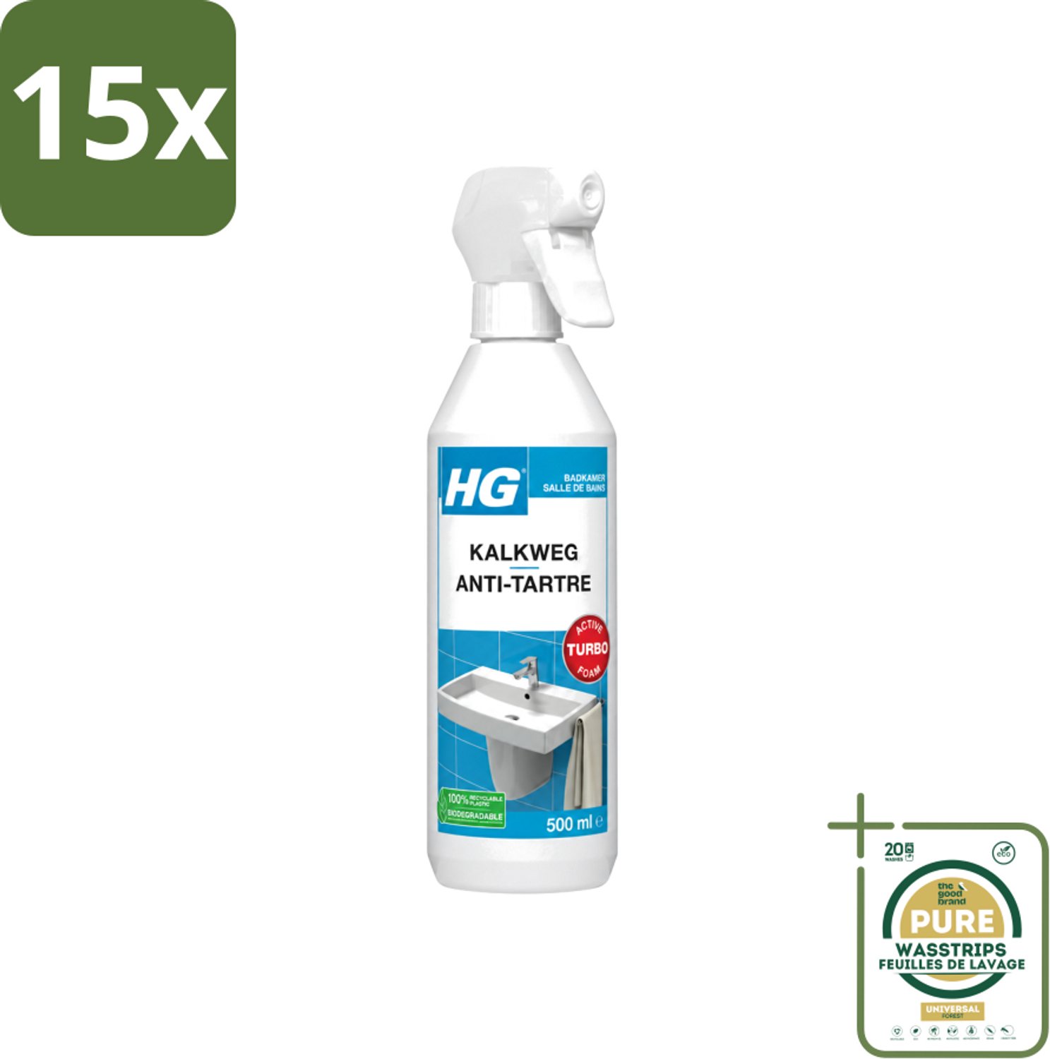 15 x HG - Badkamer - Kalkweg Schuimspray - Verwijdert Kalk Snel - 500 ml - Wasstrips - Kalk Verwijderen - Kalkaanslag Verwijderen - Schuimspray Badkamer - Kalk Weg - Badkamer Reinigen
