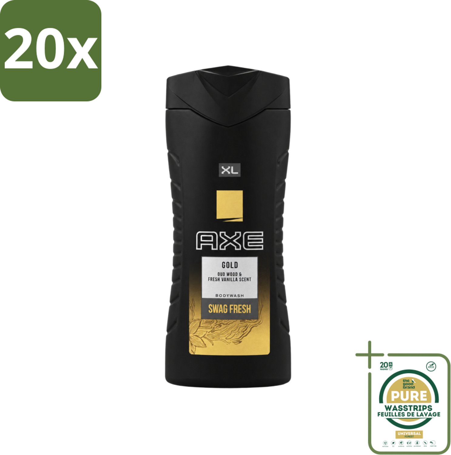 20 x Axe XL - Douchegel - Gold - Oud Wood & Fresh Vanilla - Swag Fresh - 400 ml - Wasstrips - Douchegel - Geur - Frisheid - Oud Hout - Verse Vanille