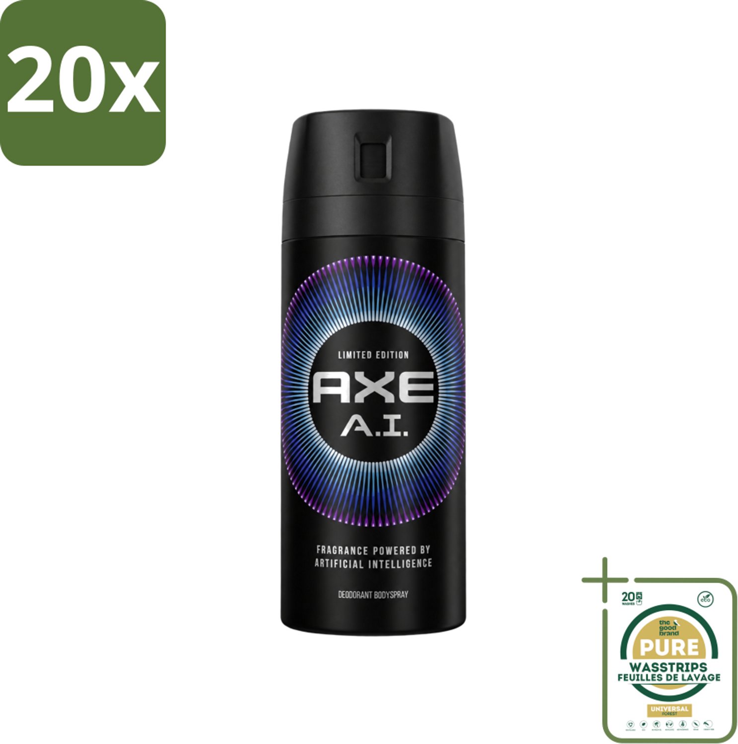 20 x Axe - Limited Edition - Deodorant Bodyspray - A.I. - 150 ml - Wasstrips - Axe A.I. Bodyspray - Deodorant Bodyspray - Geur - Geurbestrijding - Bergamot