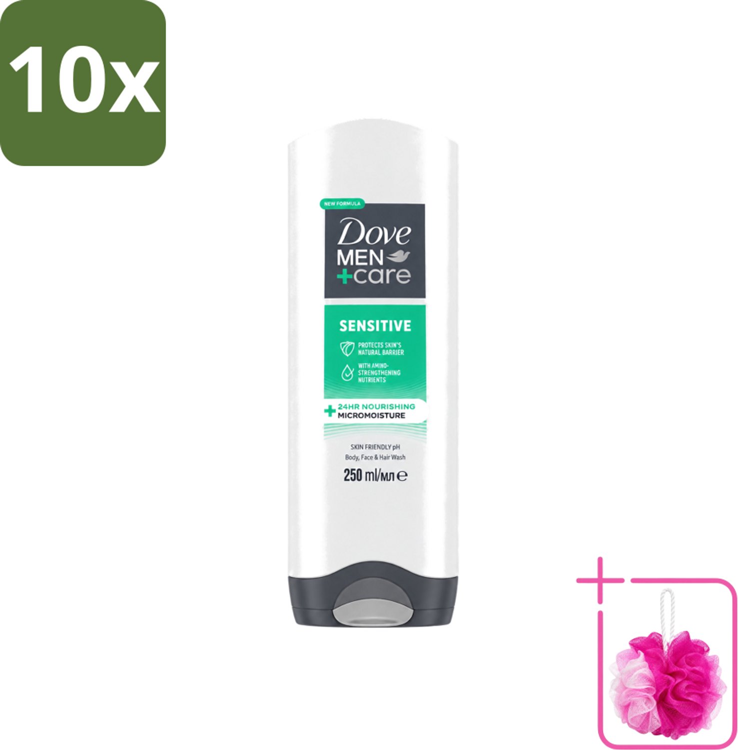 10 x Dove Men+Care - Sensitive - Douchegel 3-in-1 - Verzorgend - 250 ml - Bulkverpakking - Gevoelige huid - Douchemop - Lichaamsgel