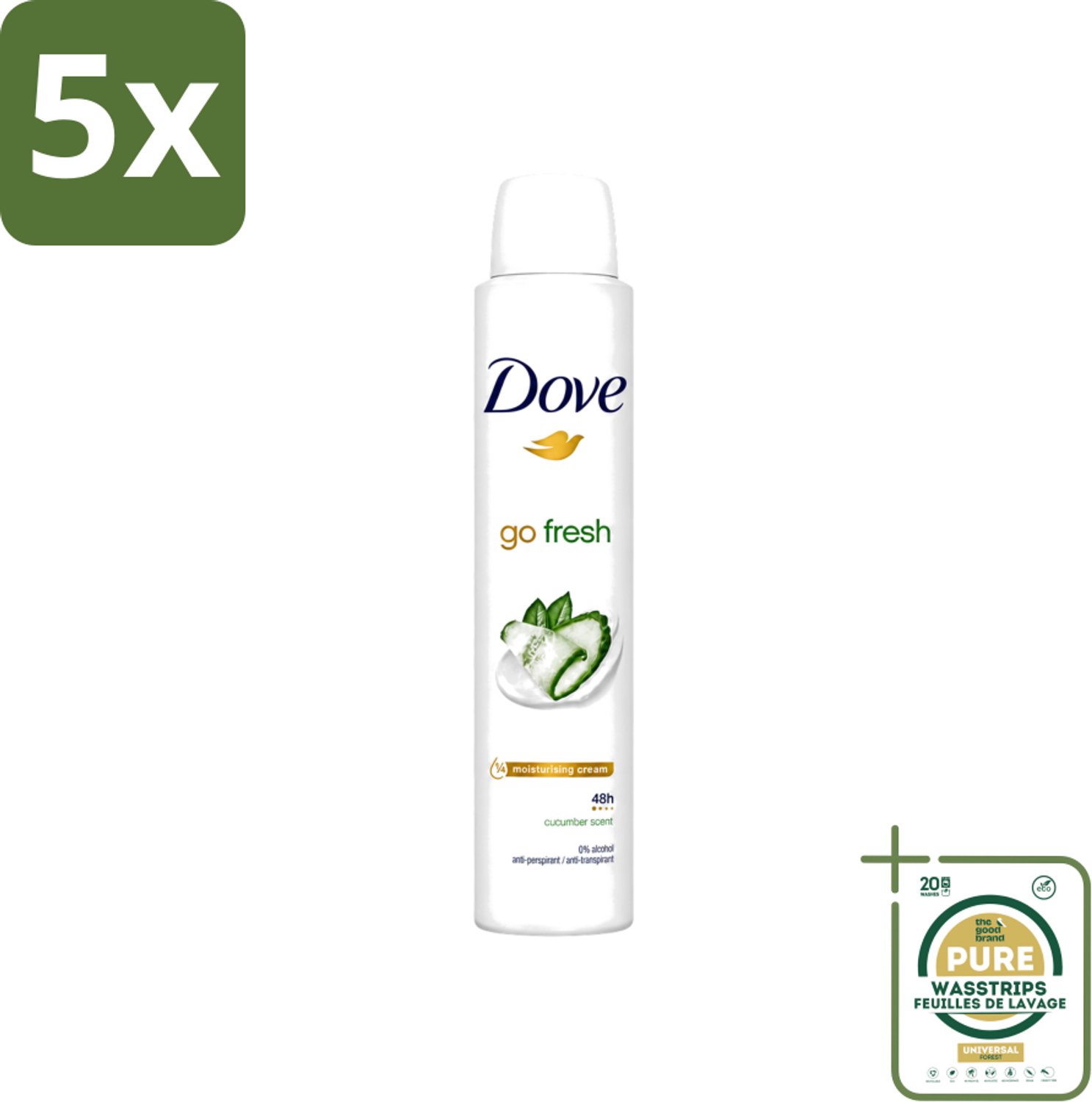 5 x Dove Go Fresh - Deospray - Groene Thee & Komkommer - 200 ml - Wasstrips - Dove Go Fresh Deospray Groene Thee & Komkommer - Frisheid - Transpiratie Bescherming - Geur - Oksel Crème