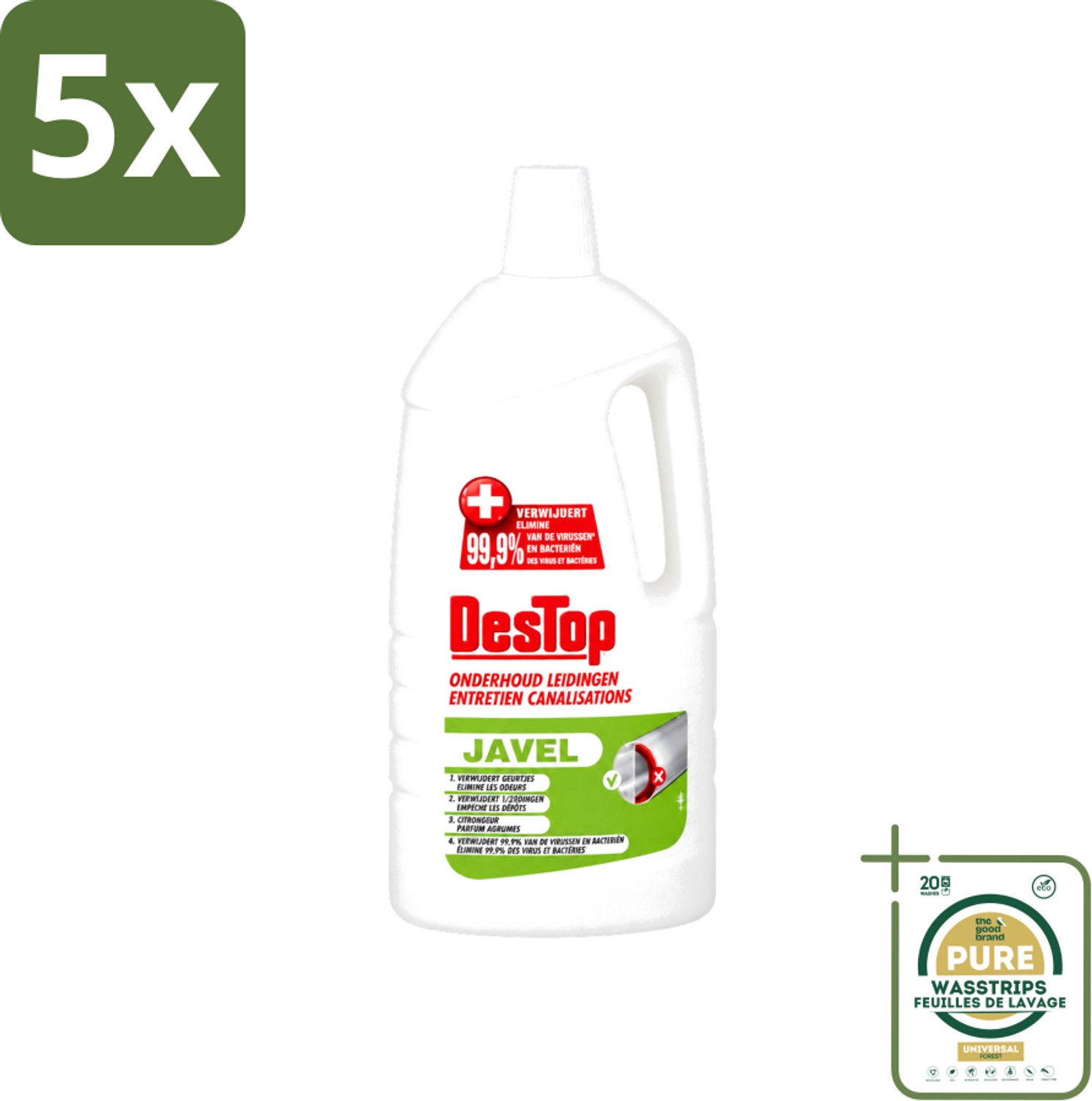 5 x DesTop - Onderhoud Leidingen - Javel - 4-in-1 Werking - Citroengeur - 1,5L - Wasstrips - Leidingen Reinigen - Leidingen Onderhouden - Leidingen Schoon Houden - Leidingen Reinigingsmiddel - Citroengeur
