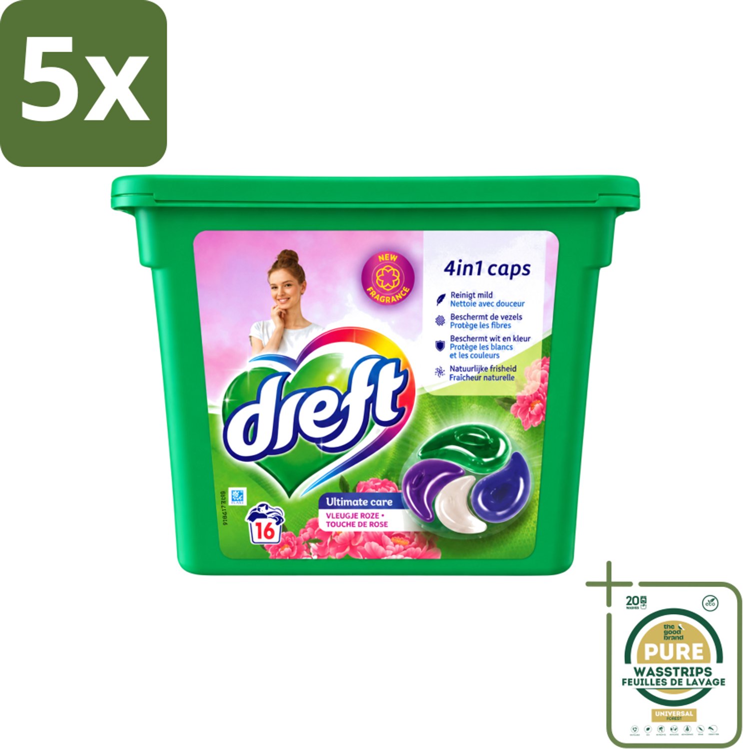 5 x Dreft - Wasmiddelcapsules 4in1 - Witte en Gekleurde Was - Vleugje Roze - 16 Wasbeurten - Wasstrips - Wasmiddelcapsules - Was - Kleurenbeschermer - Vlekkenverwijdering - Frisse Geur