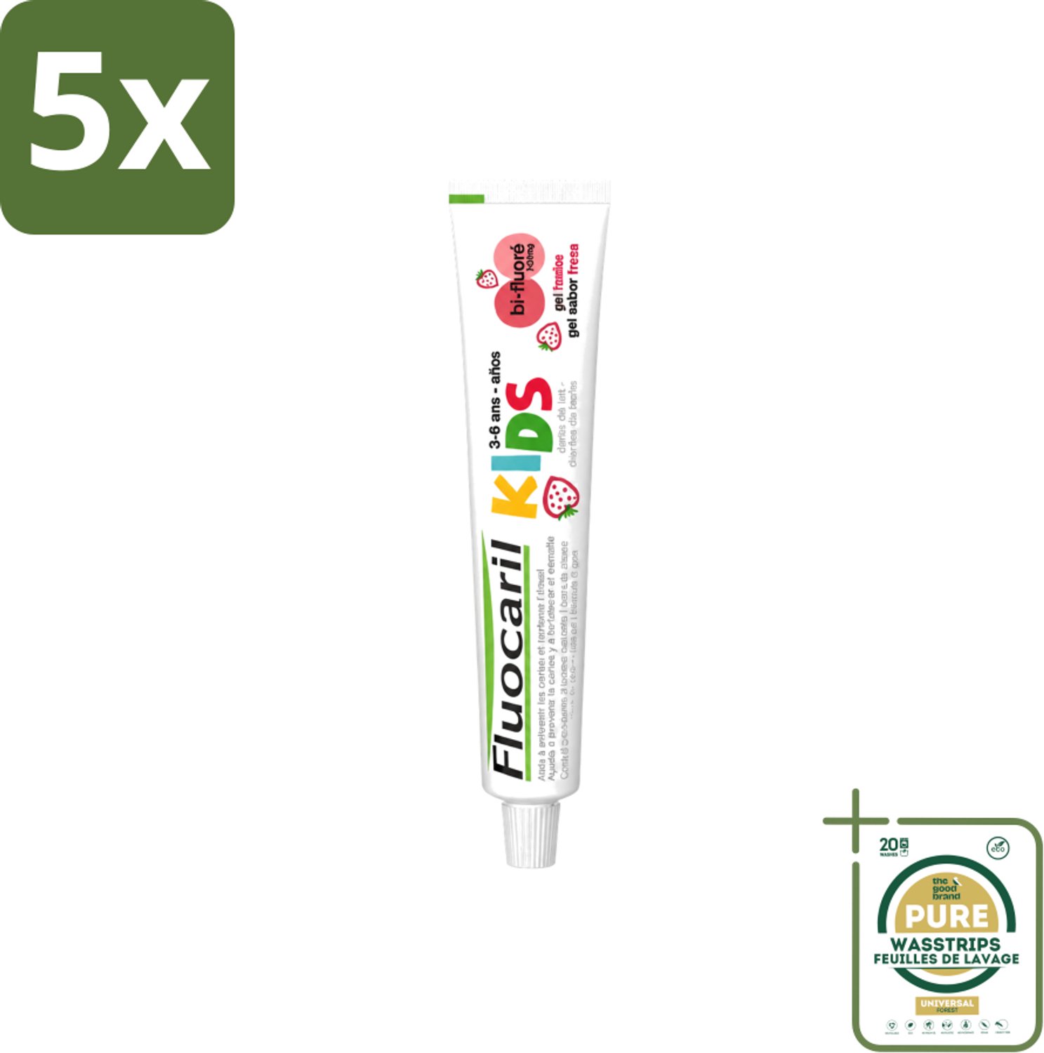5 x Fluocaril Kids - Bi-Fluoride - Tandpasta - Met Aardbeiensmaak - 3 tot 6 jaar - 50 ml - Wasstrips - Tandpasta Voor Kinderen - Melktanden Beschermen - Bi-fluoride Tandpasta - Aardbeiensmaak Tandpasta - Tandenpoetsen Voor Kinderen