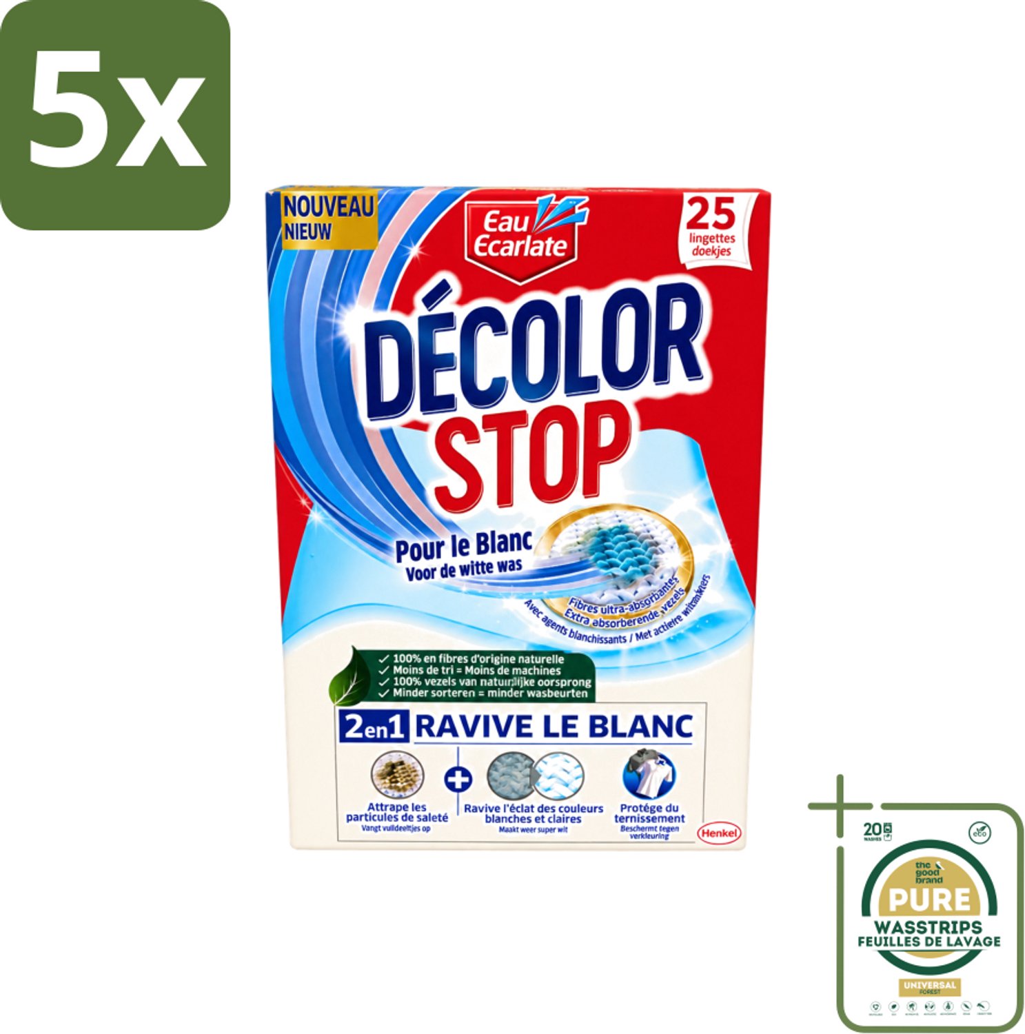5 x Eau Eclarate - Sublim Blanc - Ultra Witmakend - 25 doekjes - Wasstrips - Wit Textiel Herstellen - Glans Herstellen - Verhelderende Doekjes - Witte Stoffen Beschermen - Doekjes Voor Wit Textiel