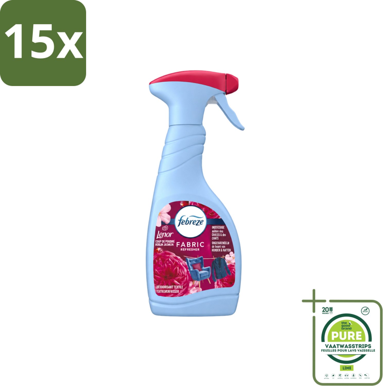 15 x Febreze – Textielspray – Robijn Jasmijn – 500 ml - Grootverpakking - Vaatwasstrips - Textielverfrisser - Textielgeur - Geurverwijdering - Jasmijngeur - Robijngeur