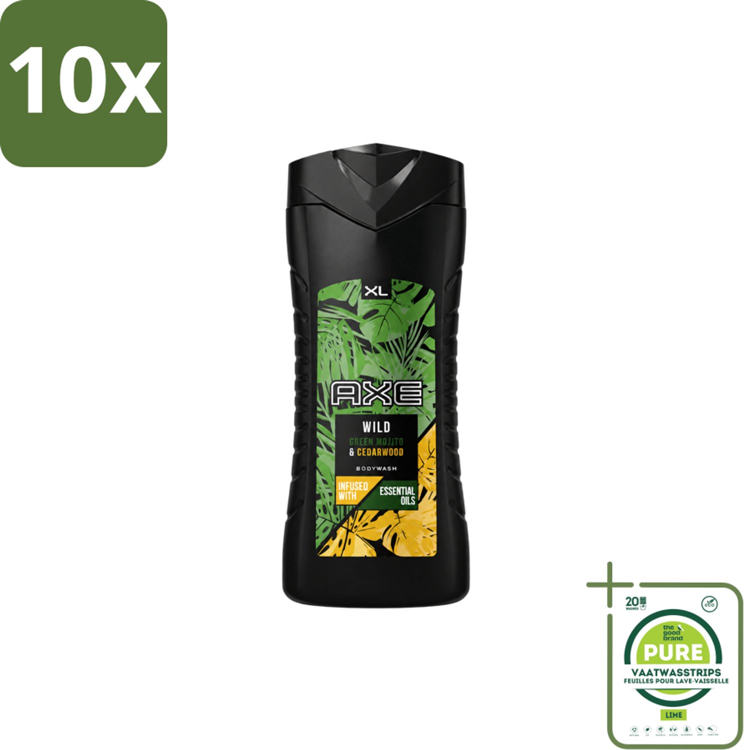 10 x AXE - Douchegel - Wild - 400 ml - Grootverpakking - Vaatwasstrips - Douchegel - Frisheid - Mojito - Cederhout - Axe